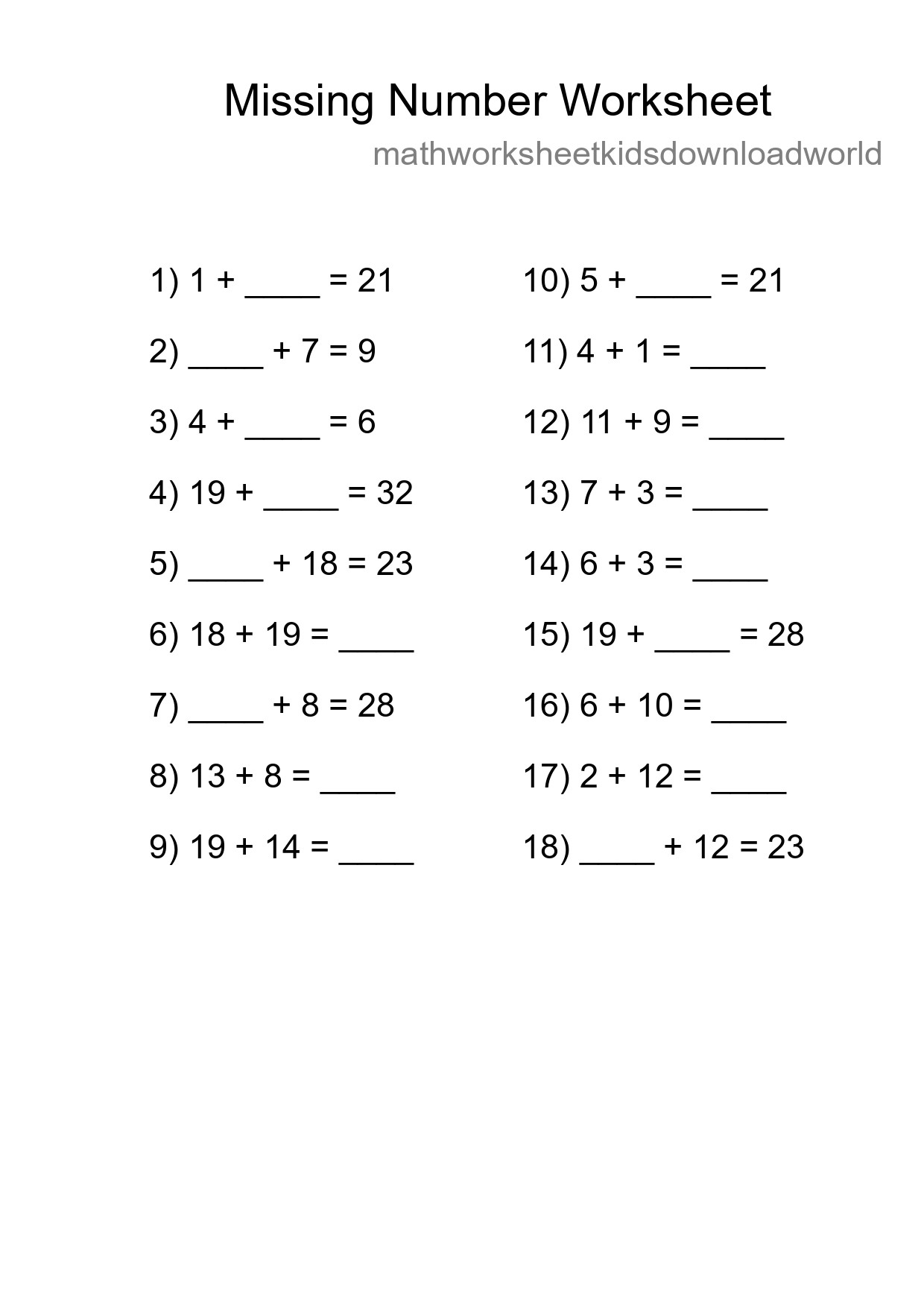 Missing Number Math Worksheet