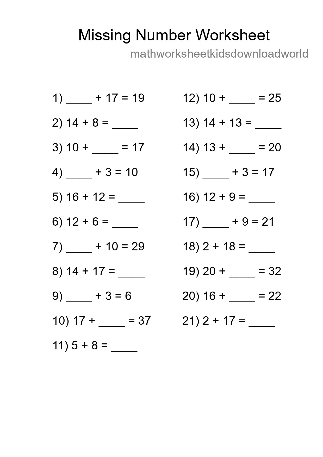 Missing Number Math Worksheet