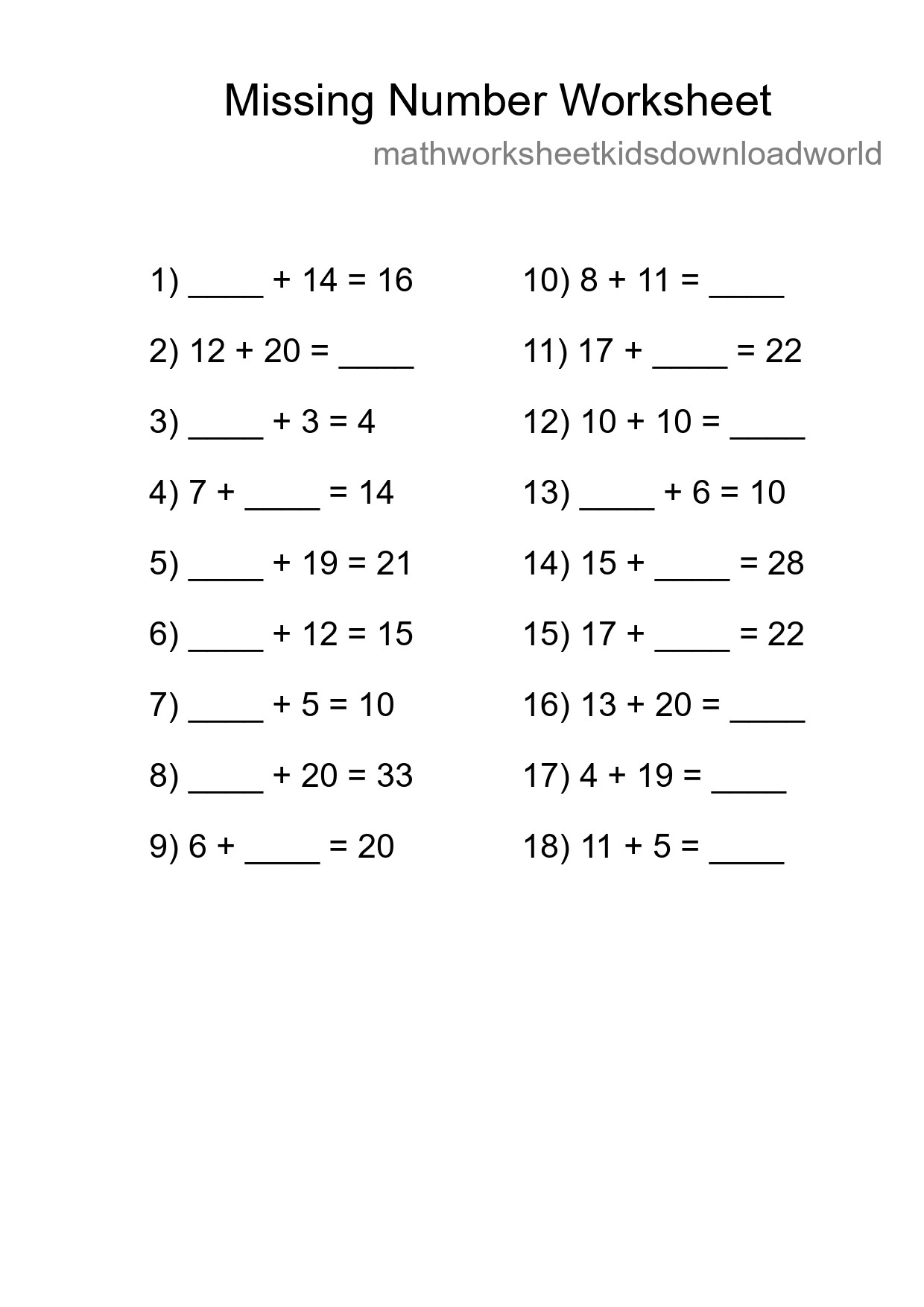Missing Number Math Worksheet