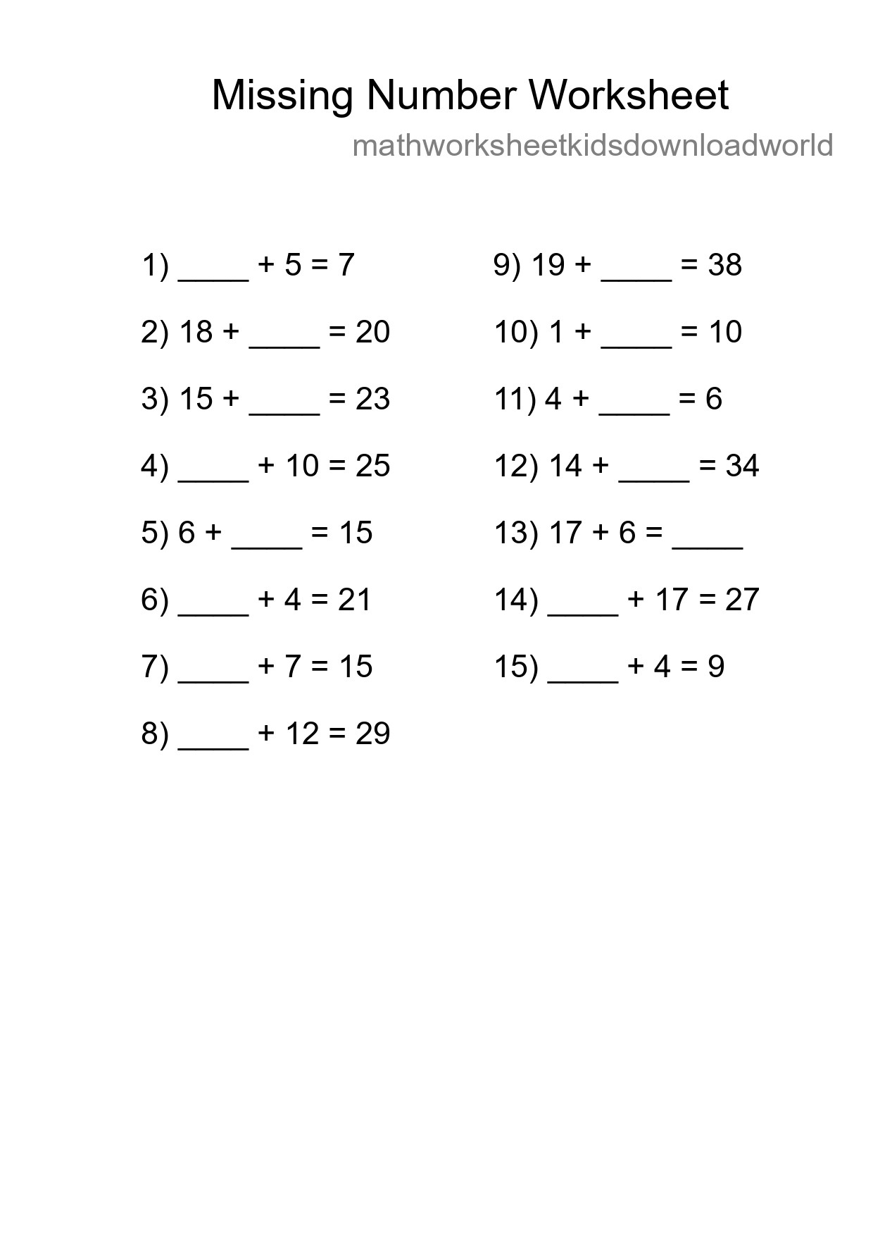 Missing Number Math Worksheet