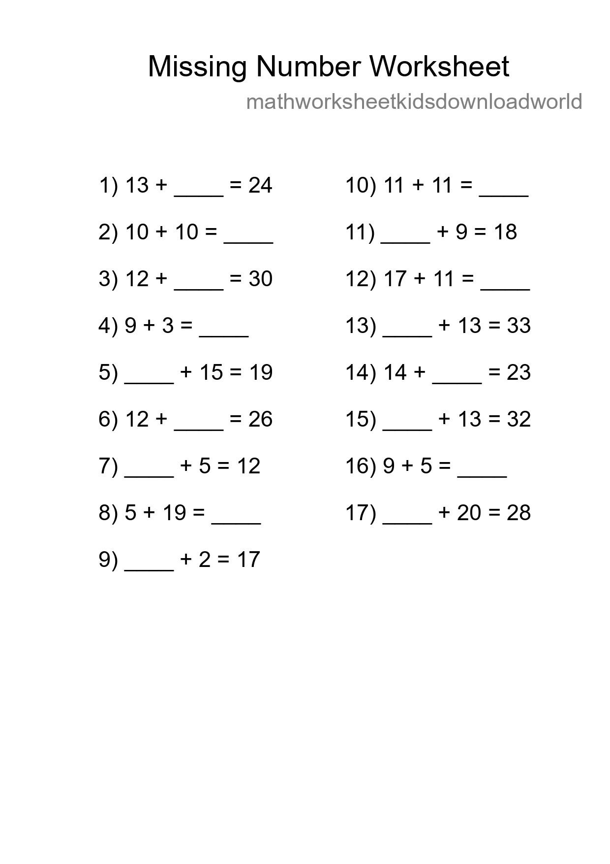 Missing Number Math Worksheet