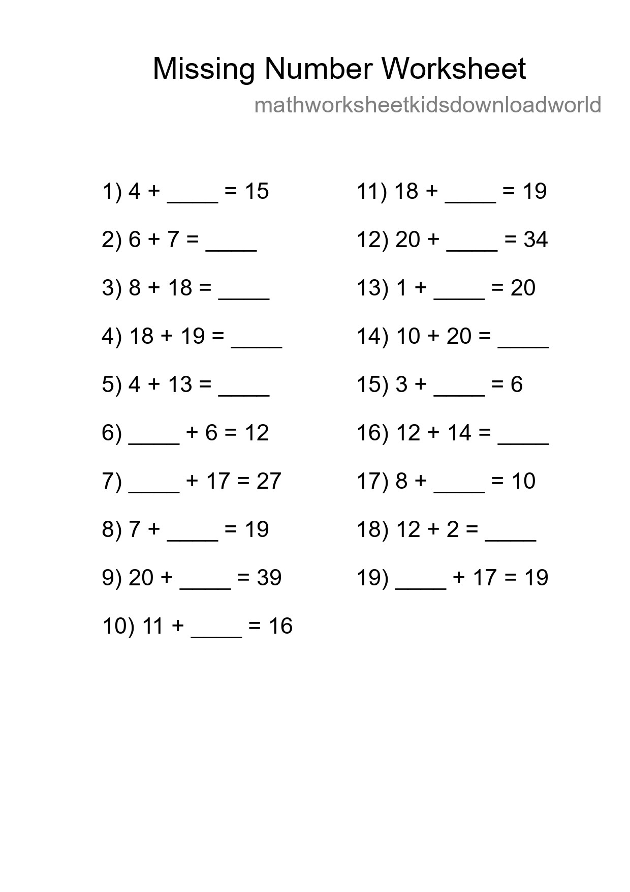 Missing Number Math Worksheet