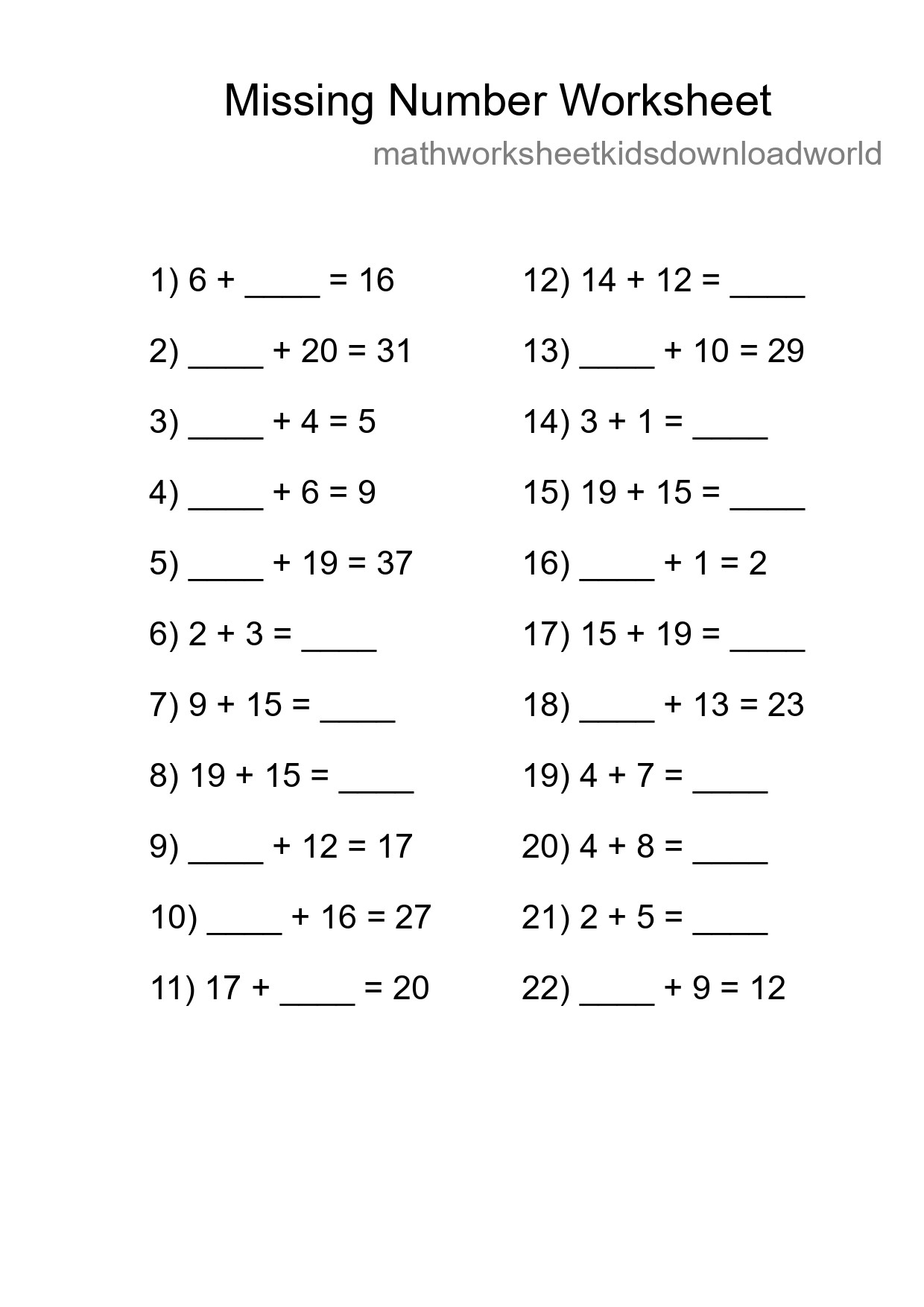 Missing Number Math Worksheet