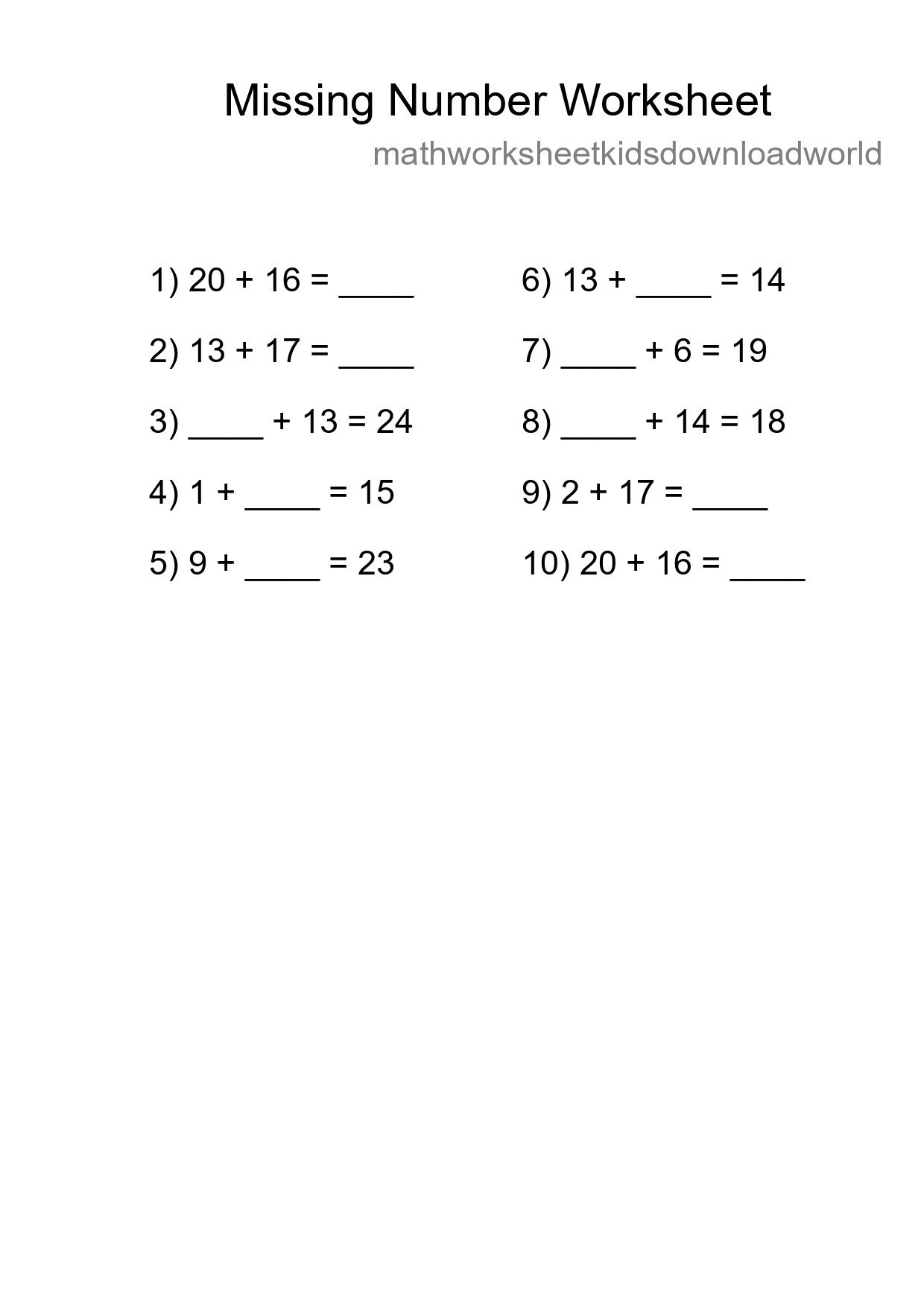 Missing Number Math Worksheet