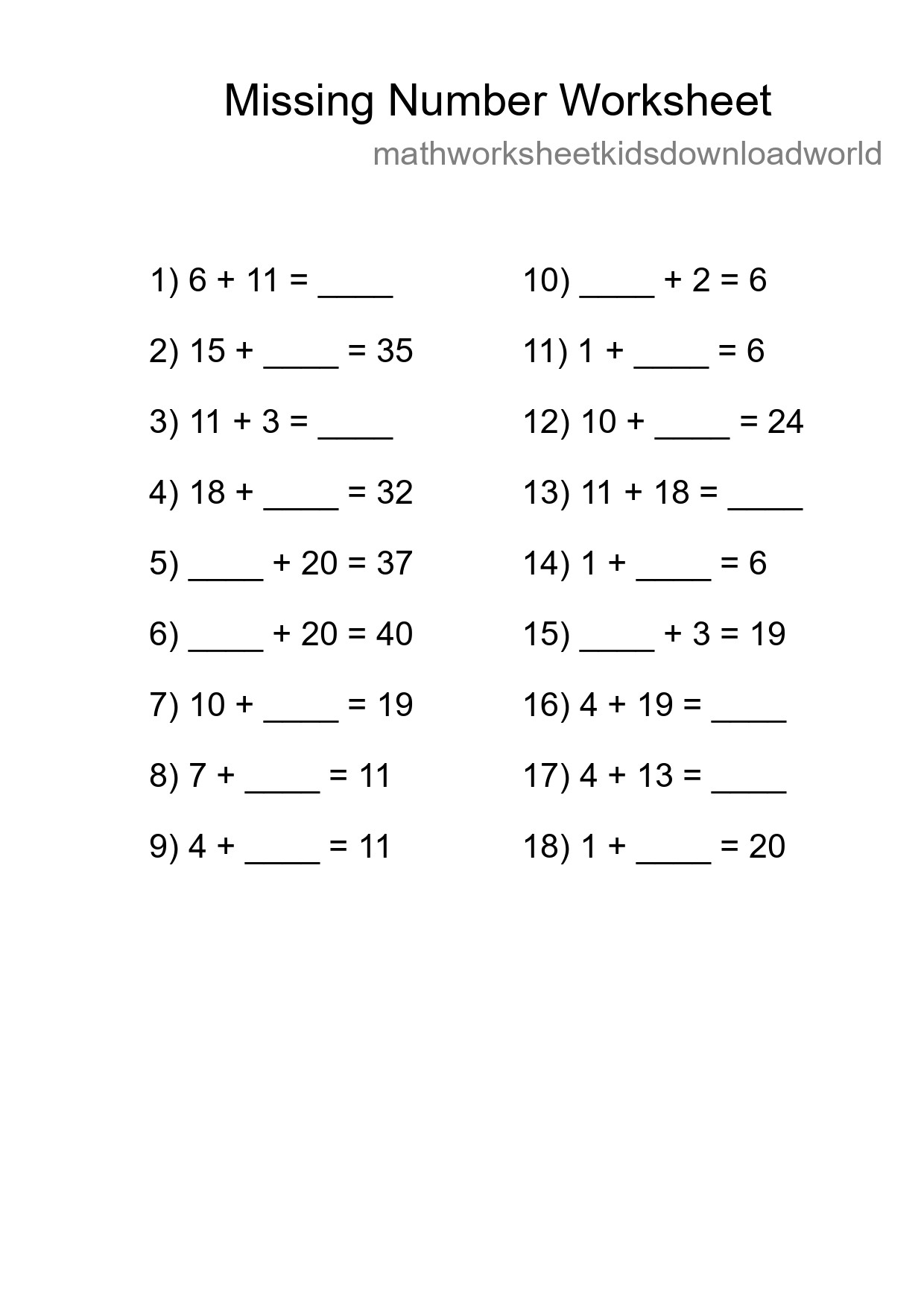 Missing Number Math Worksheet