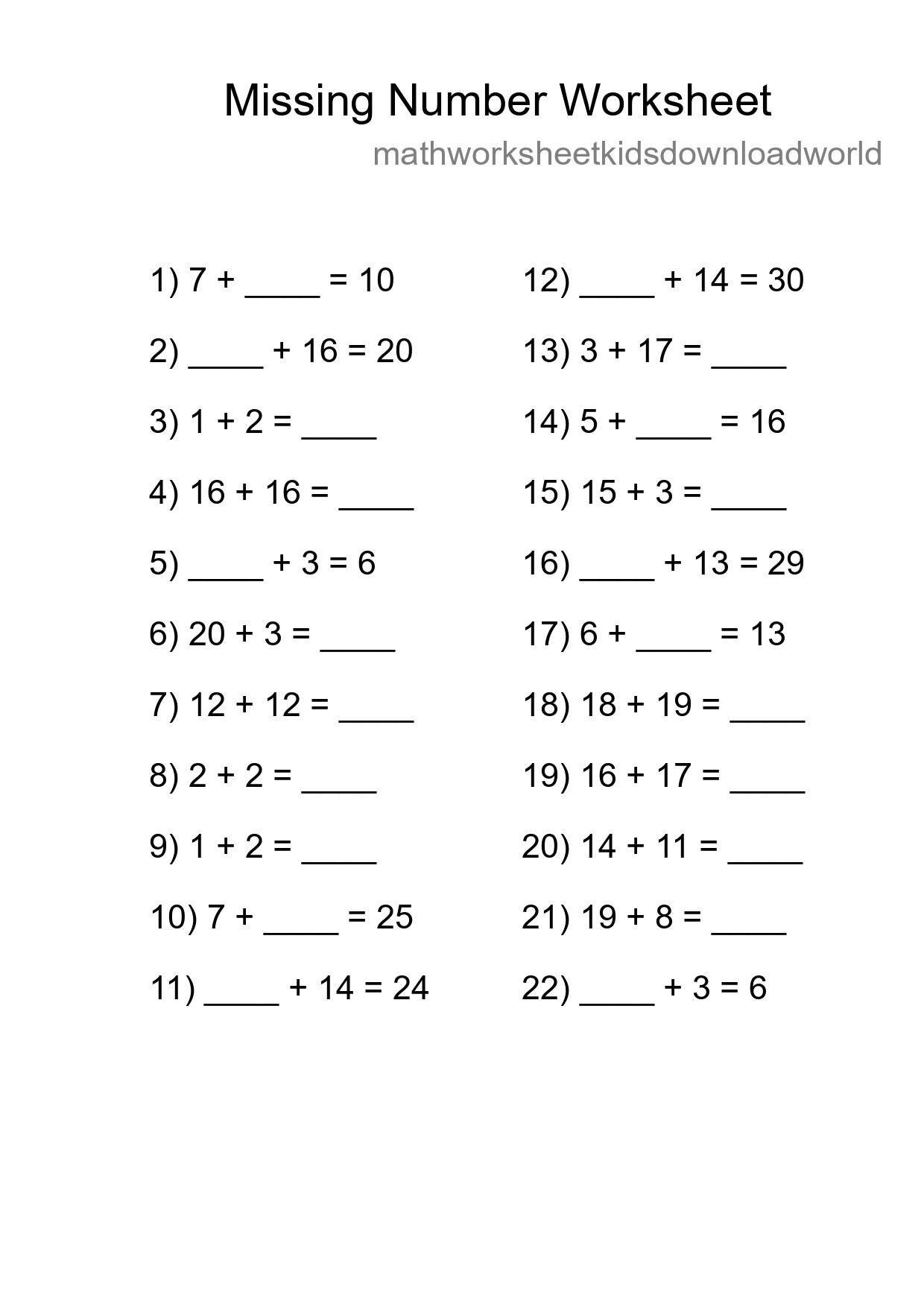 Missing Number Math Worksheet