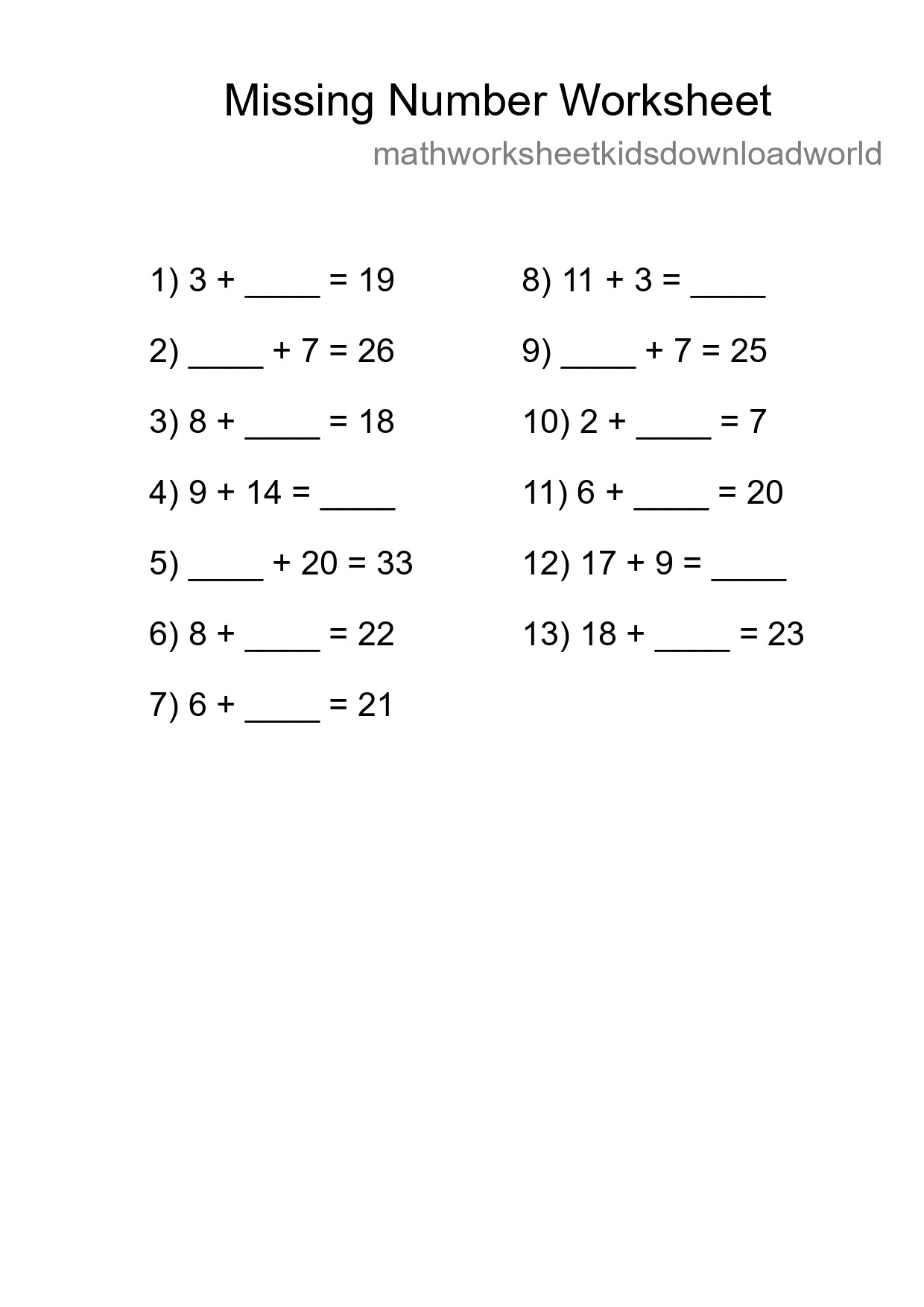 Missing Number Math Worksheet