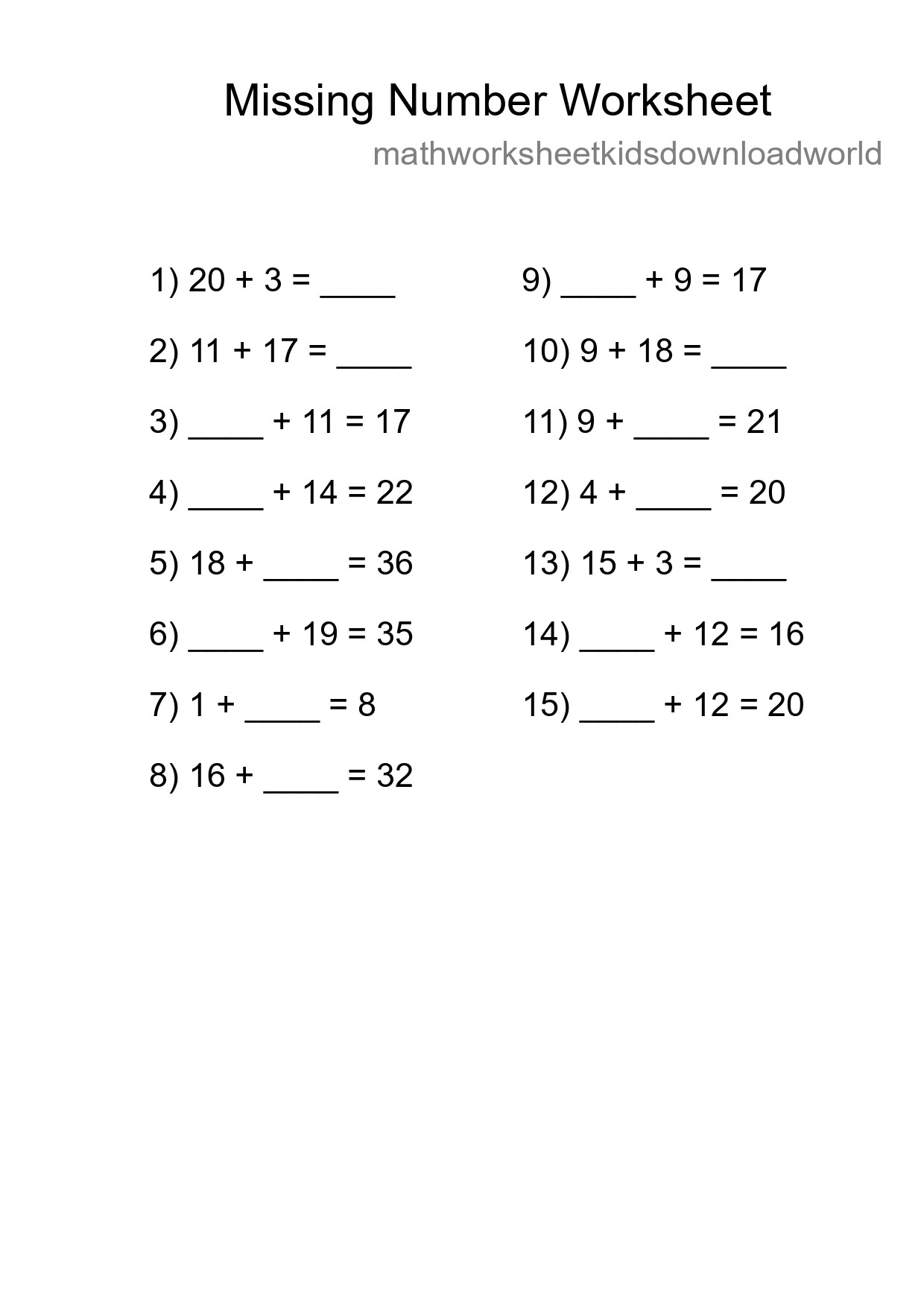 Missing Number Math Worksheet
