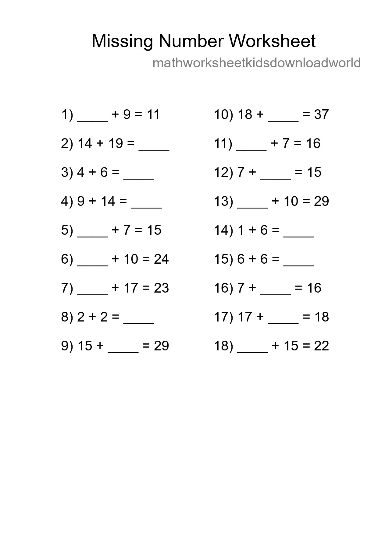 Missing Number Math Worksheet