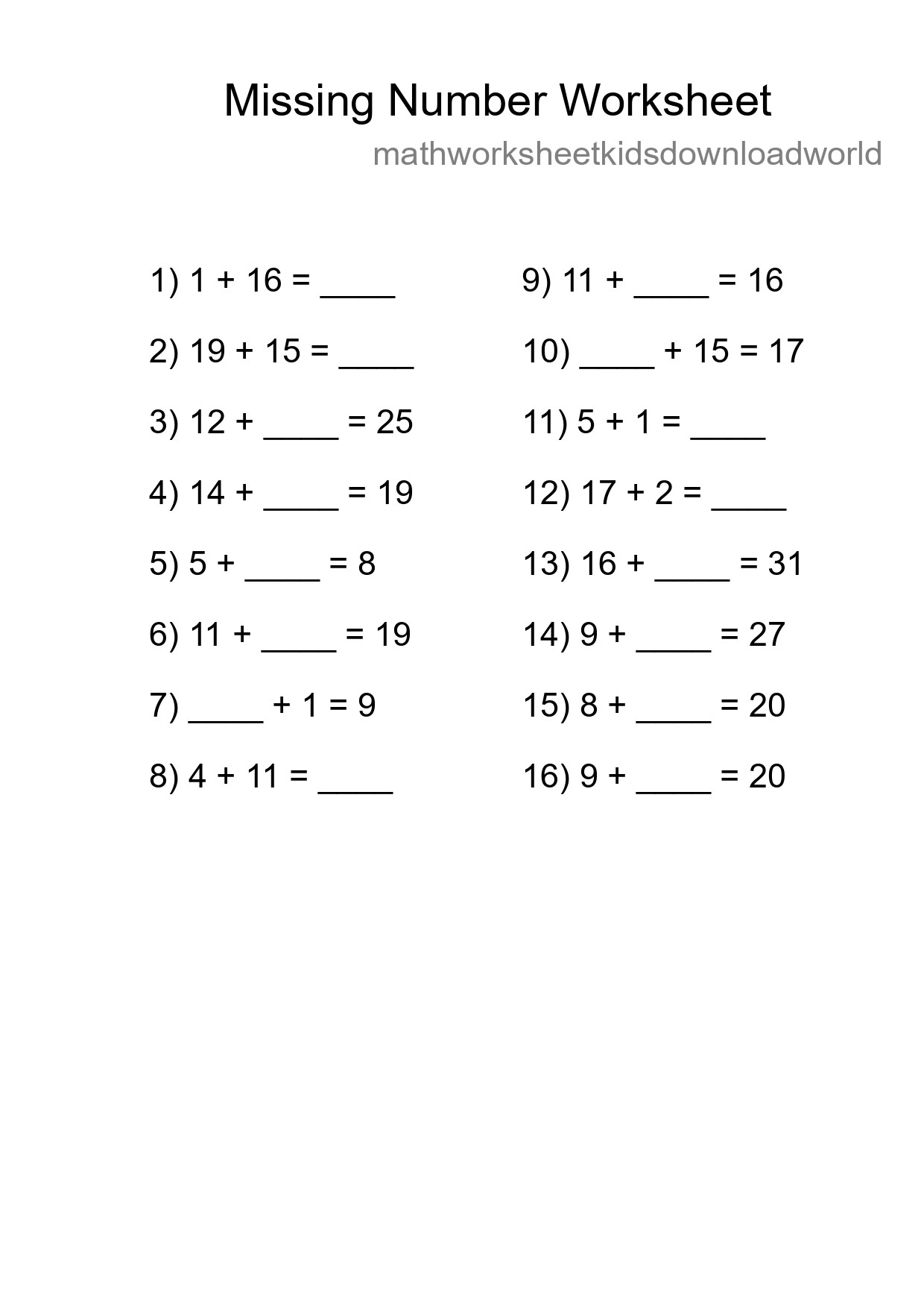 Missing Number Math Worksheet