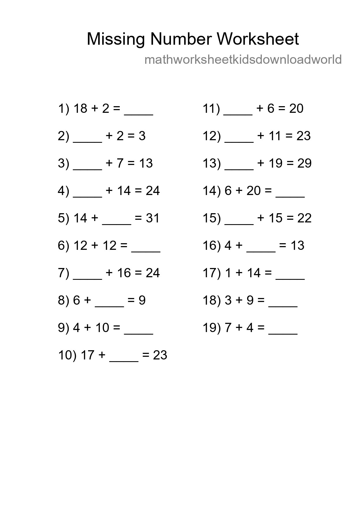 Missing Number Math Worksheet