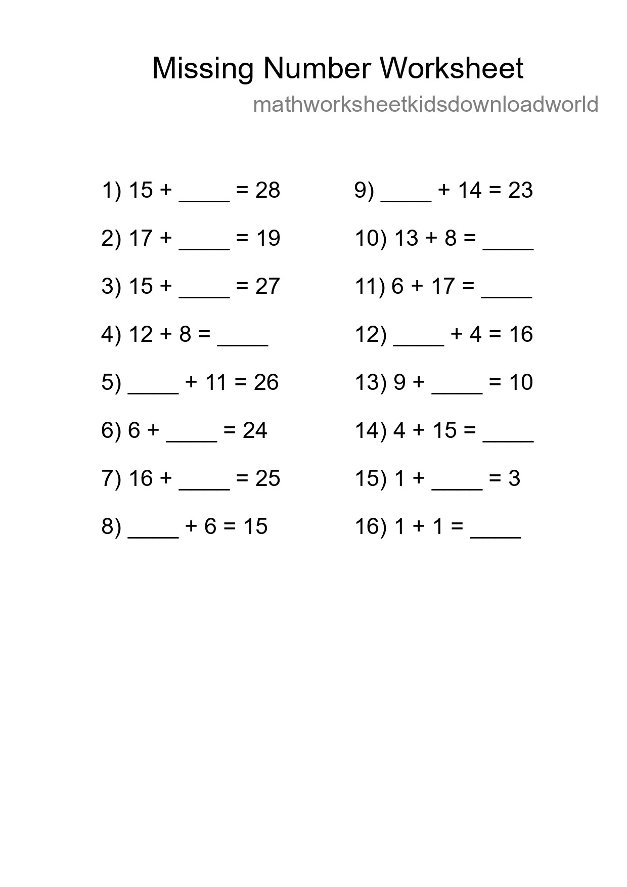 Missing Number Math Worksheet