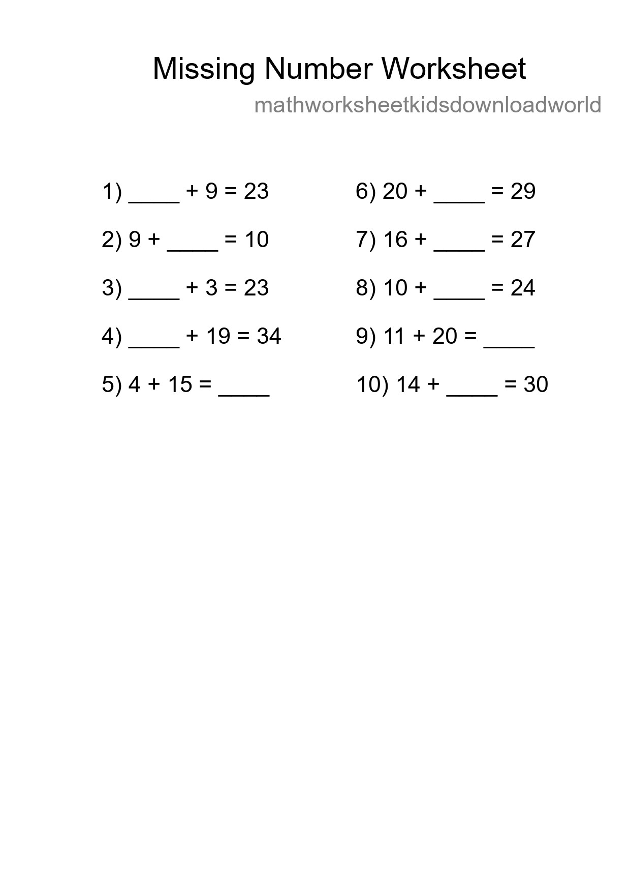 Missing Number Math Worksheet