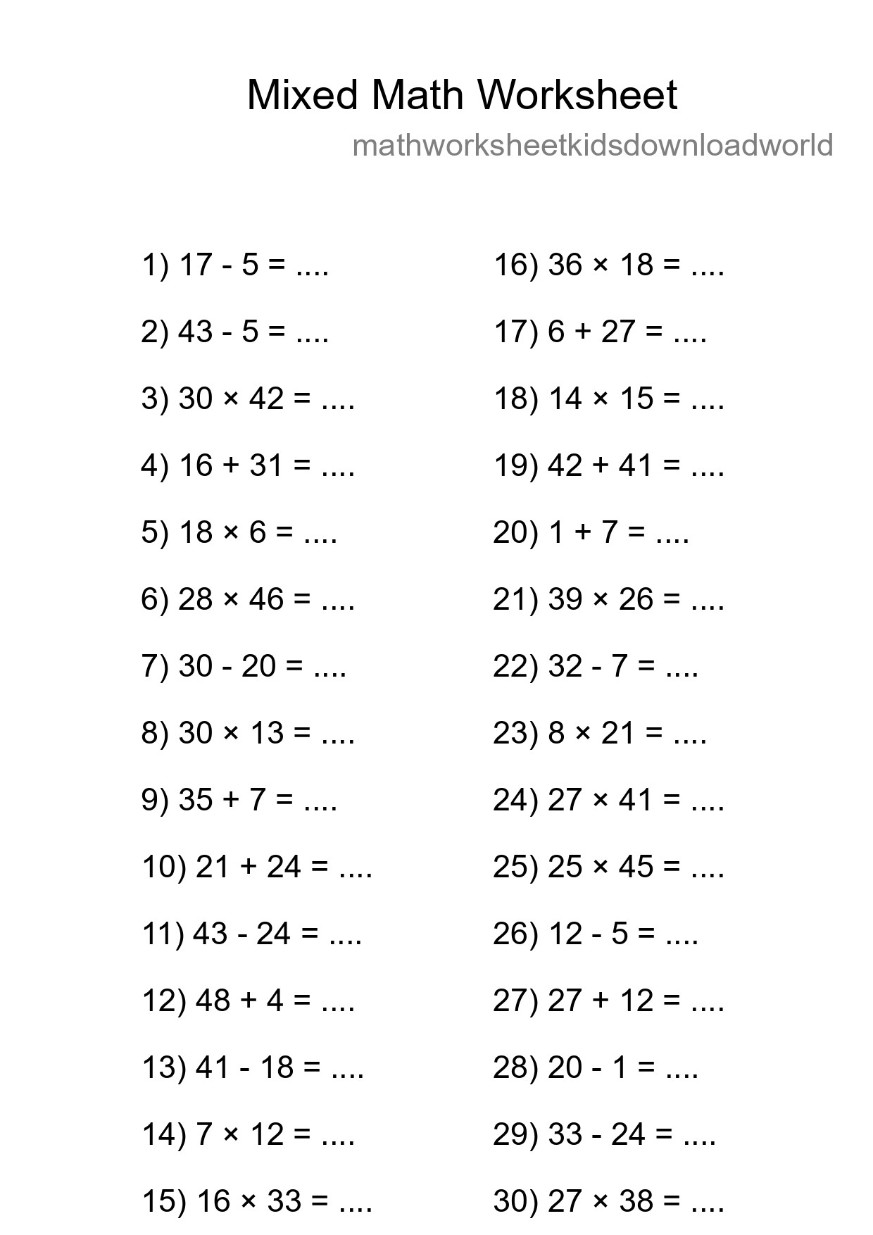Mixed Operations Math Worksheet