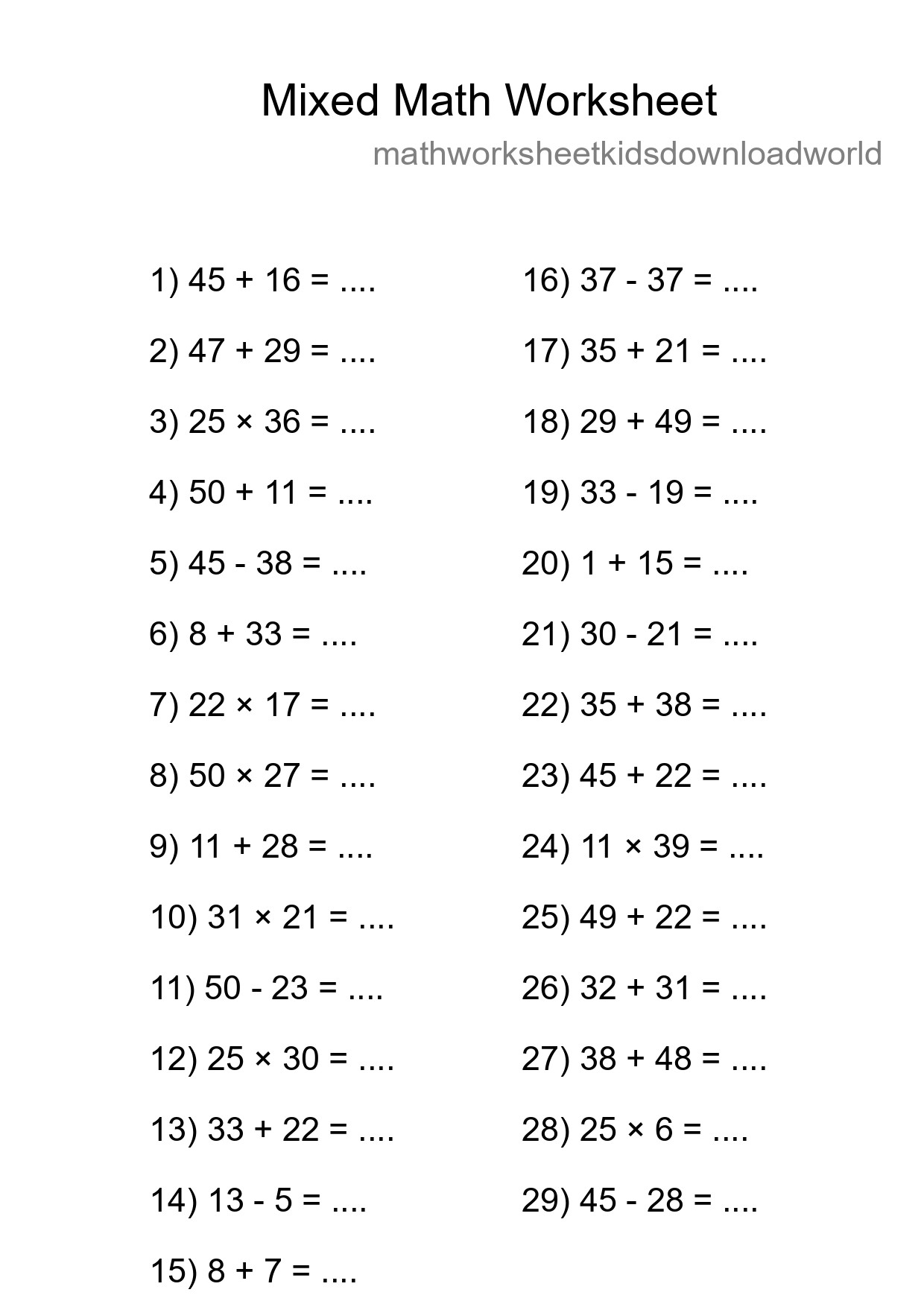 Mixed Operations Math Worksheet