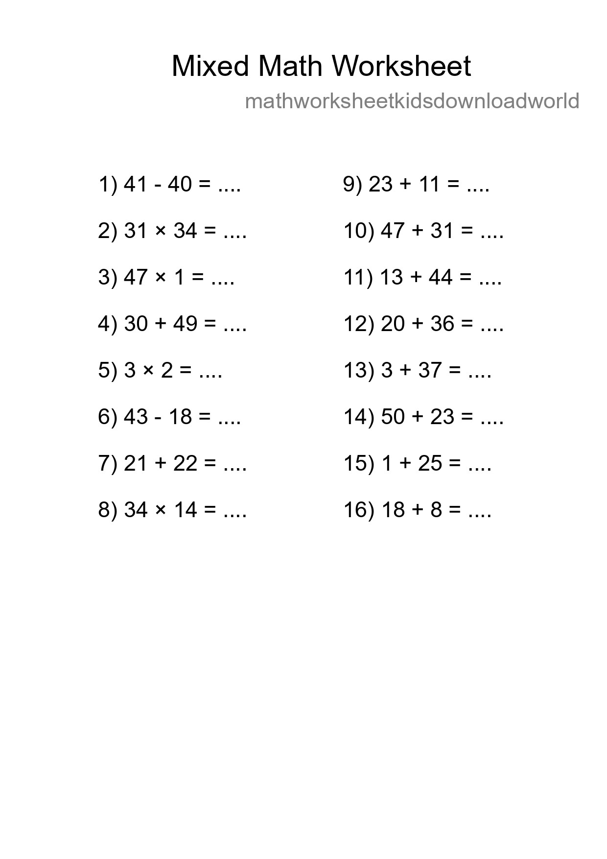 Mixed Operations Math Worksheet