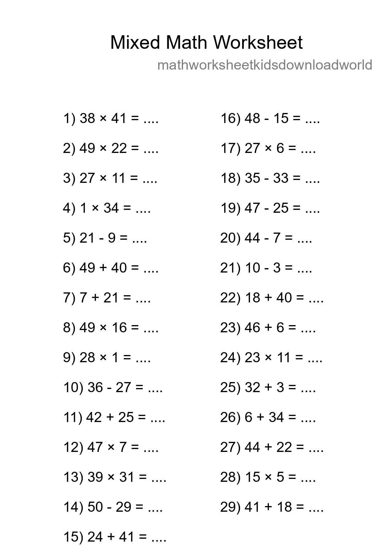 Mixed Operations Math Worksheet