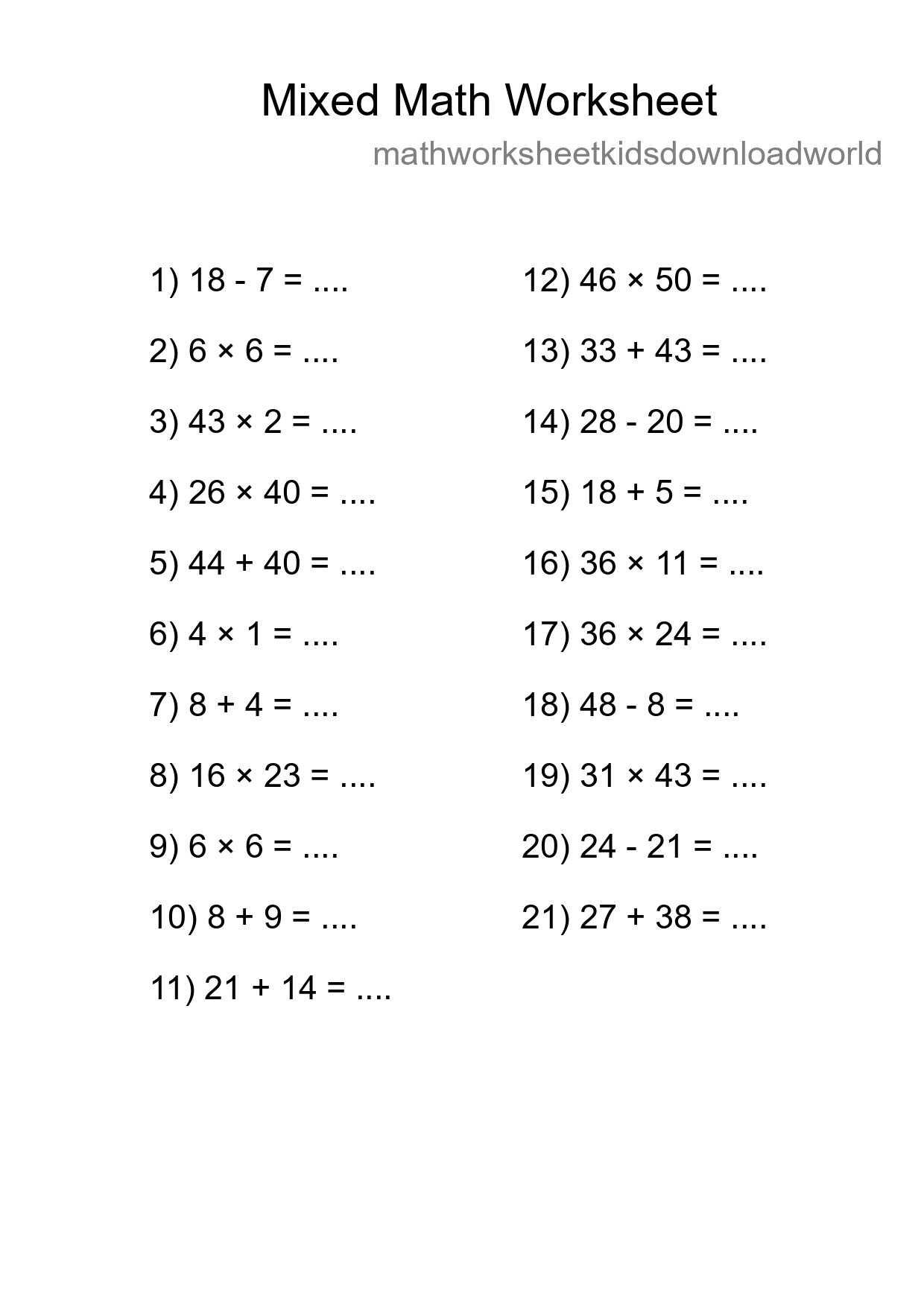 Mixed Operations Math Worksheet