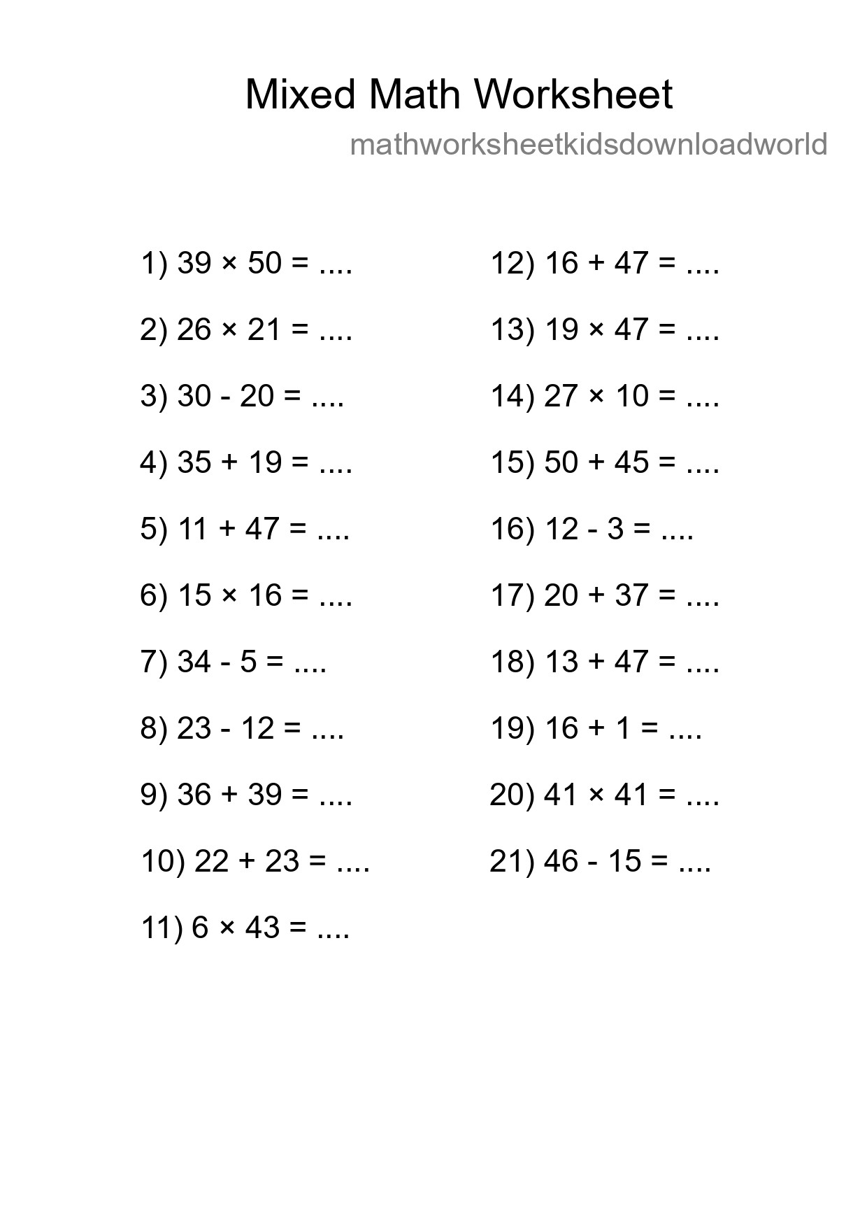 Mixed Operations Math Worksheet