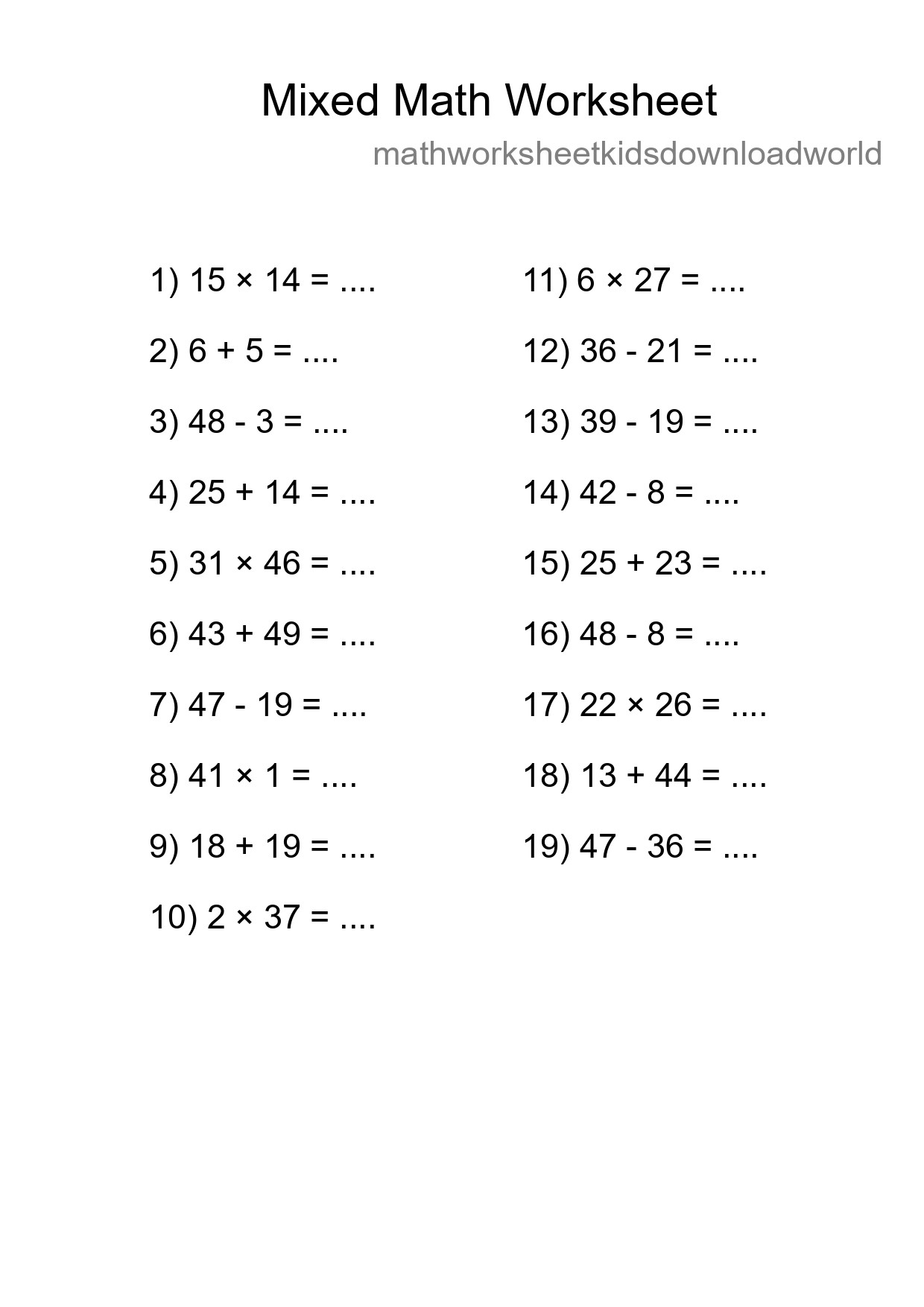 Mixed Operations Math Worksheet