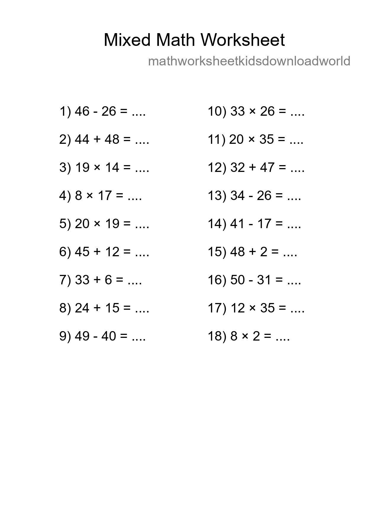 Mixed Operations Math Worksheet
