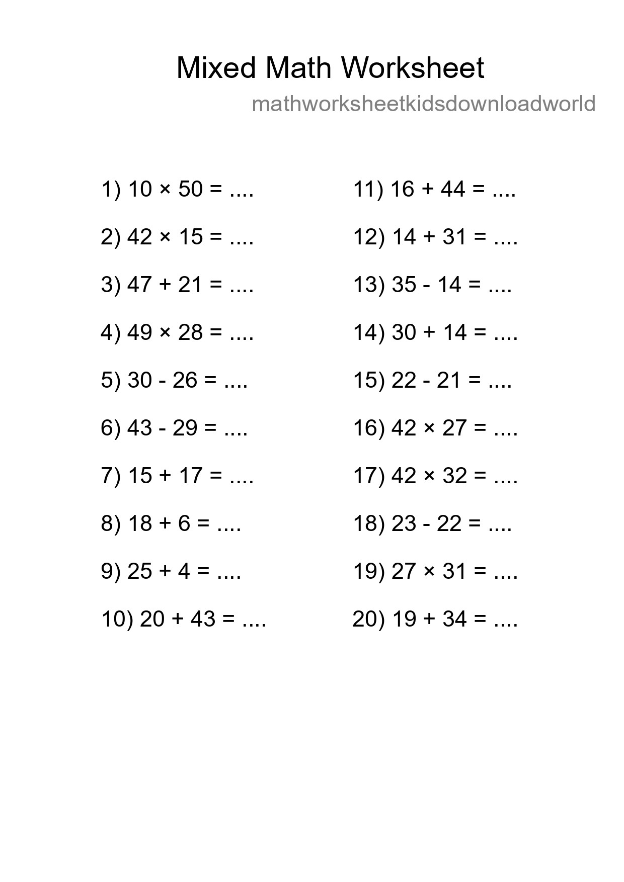 Mixed Operations Math Worksheet