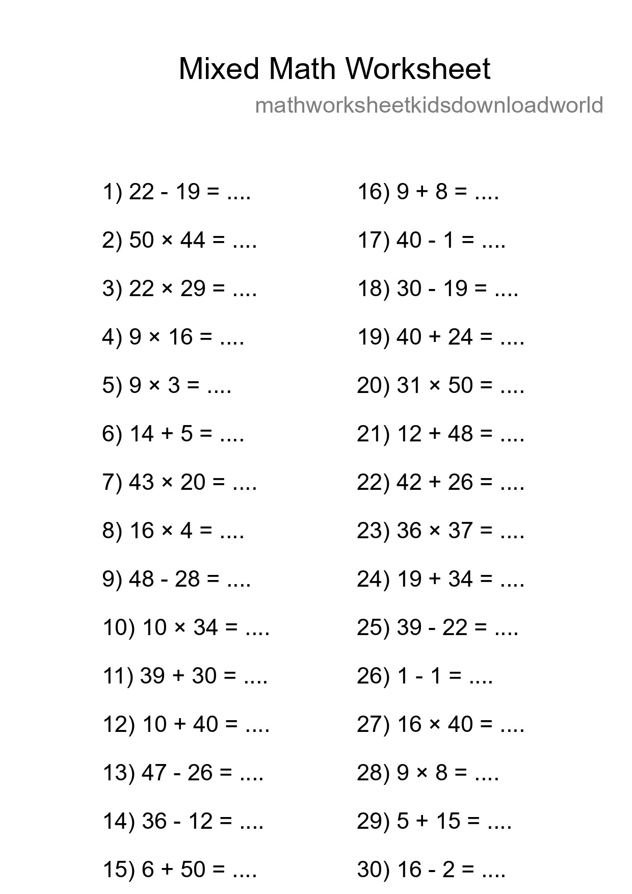 Mixed Operations Math Worksheet