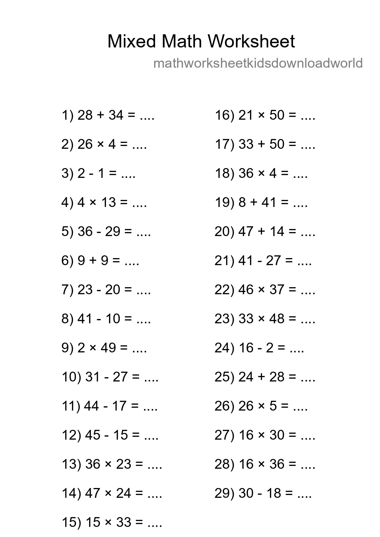 Mixed Operations Math Worksheet