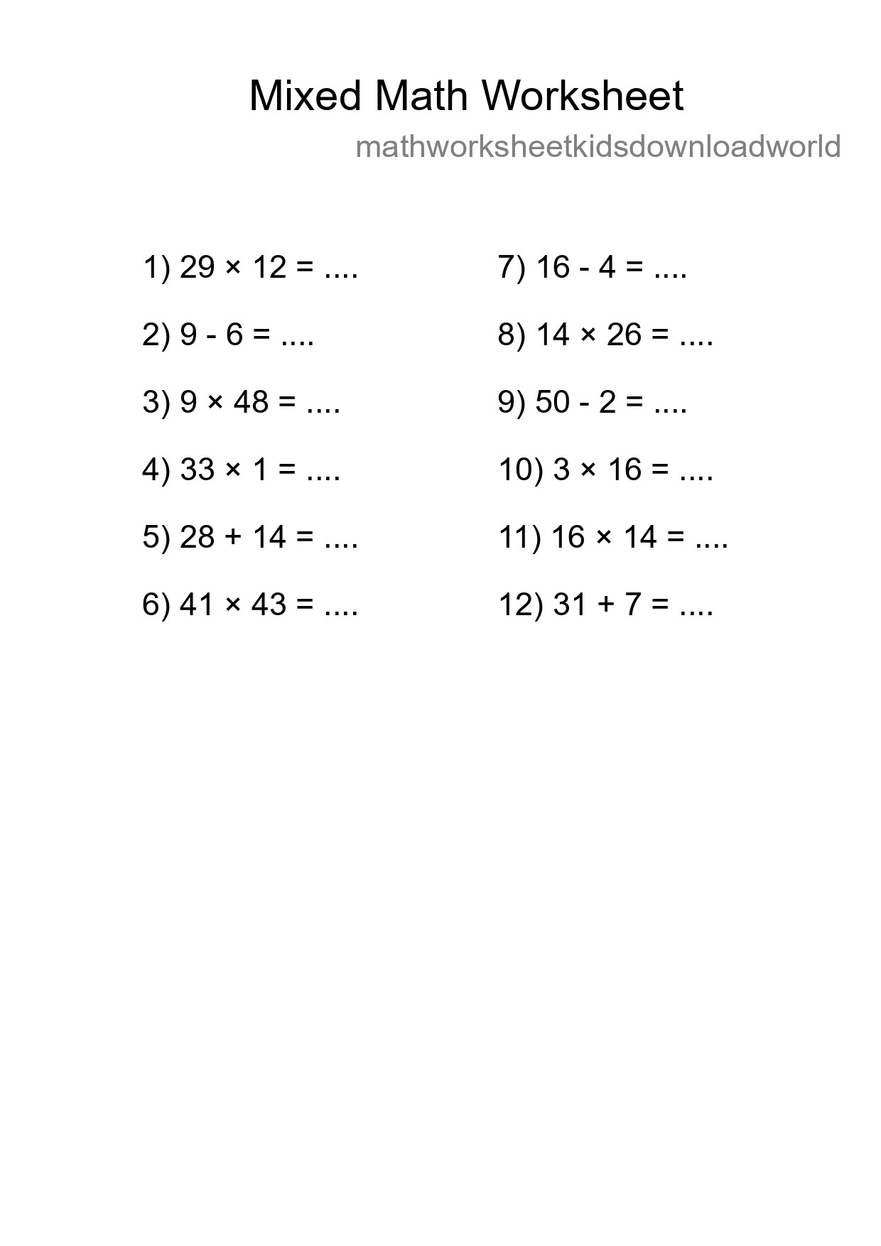 Mixed Operations Math Worksheet