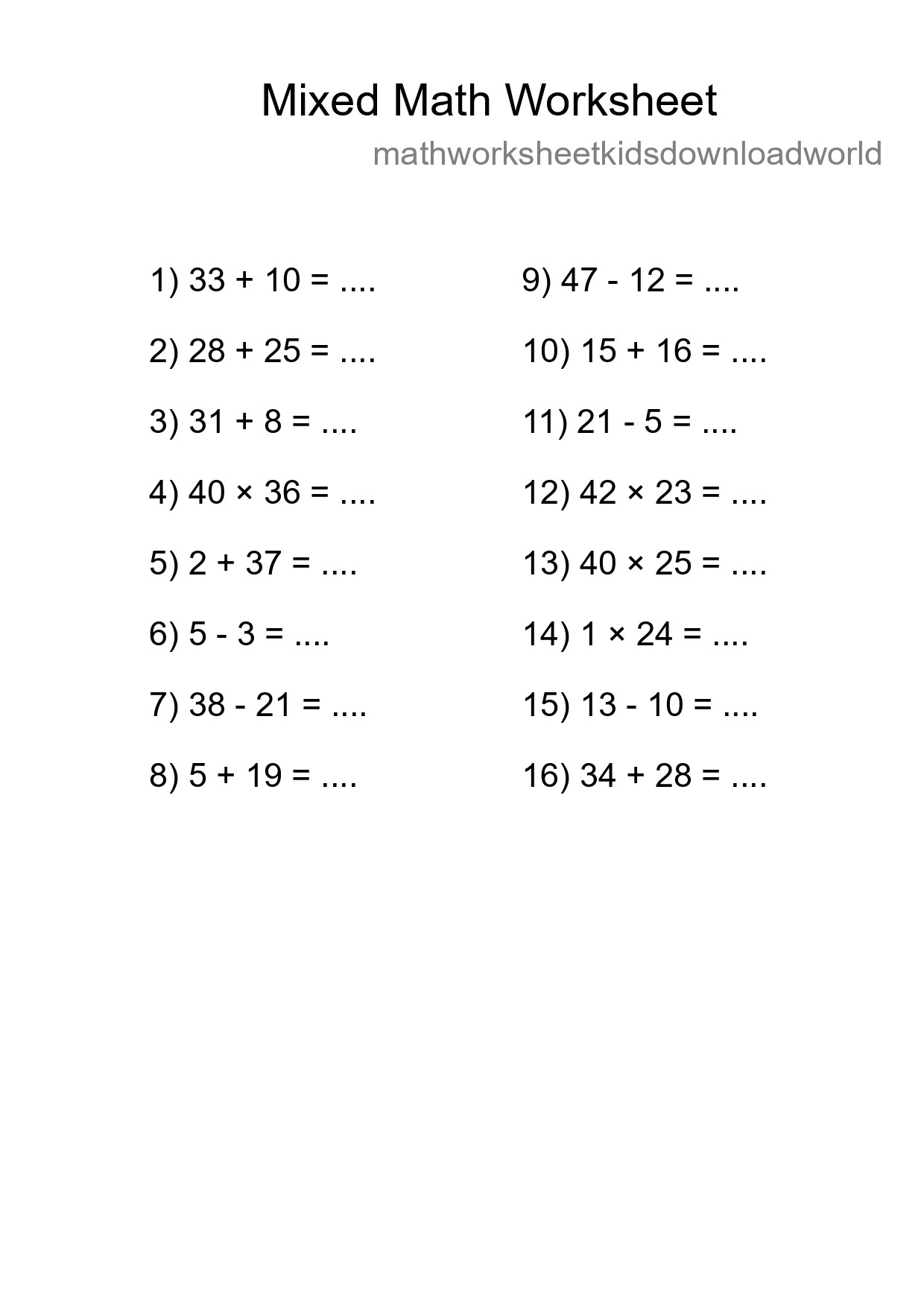 Mixed Operations Math Worksheet