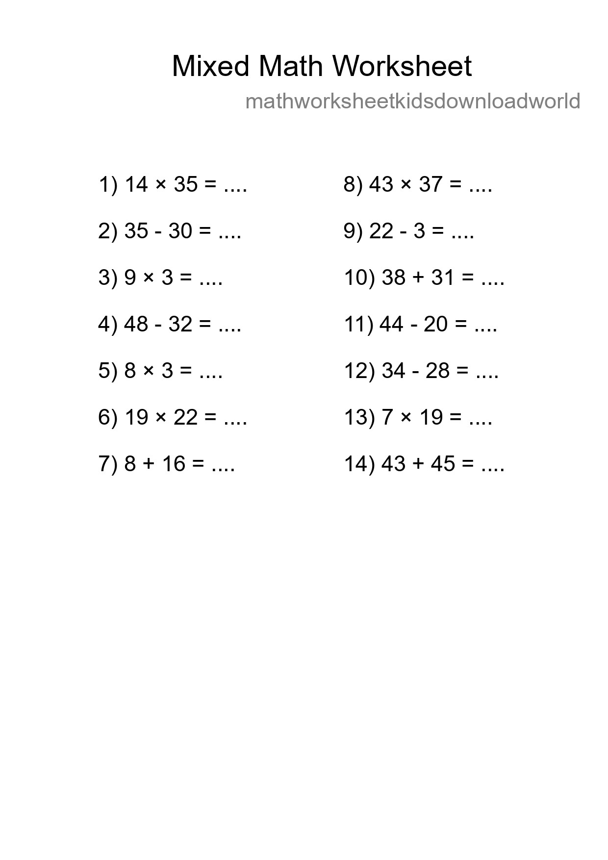 Mixed Operations Math Worksheet