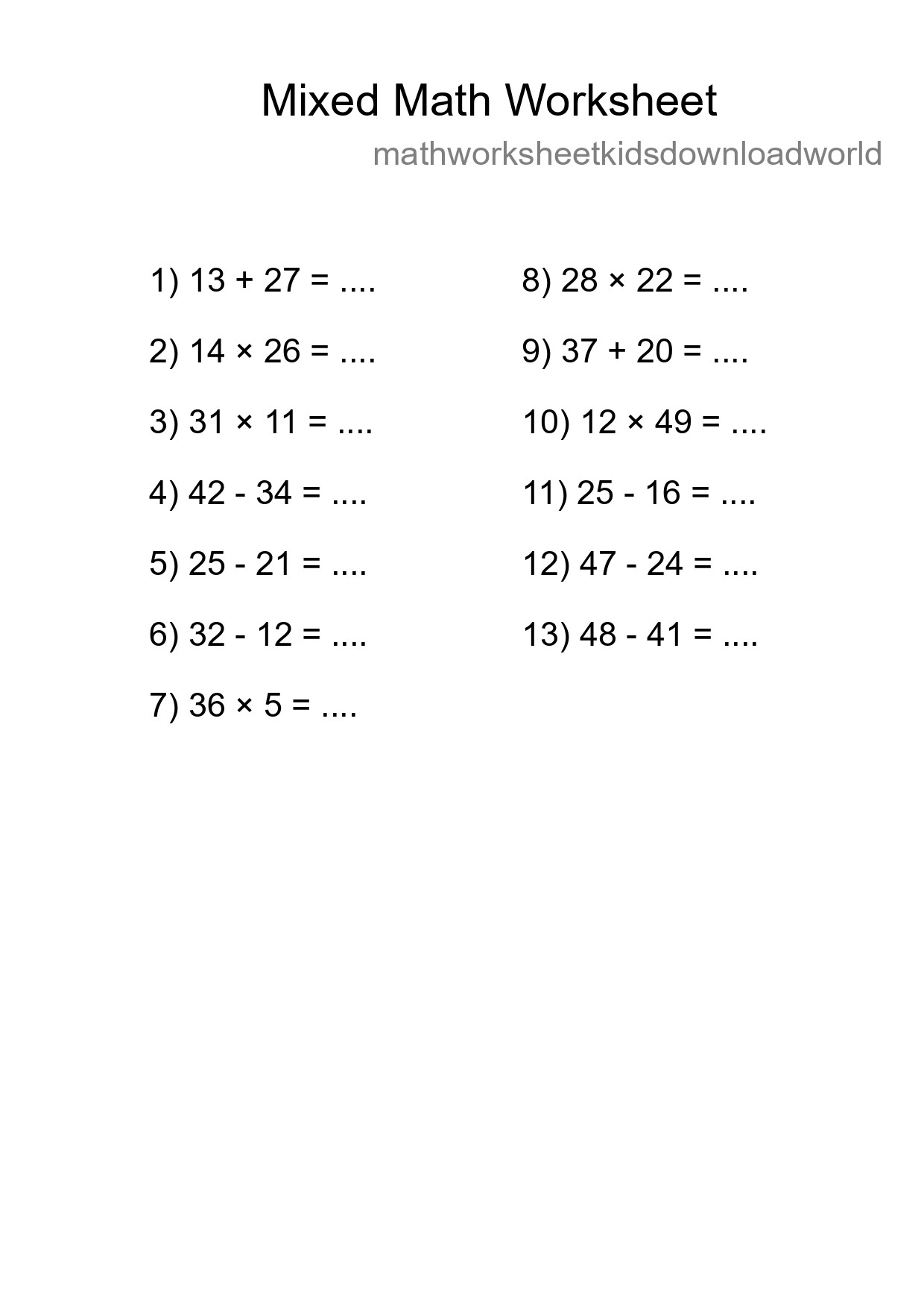 Mixed Operations Math Worksheet