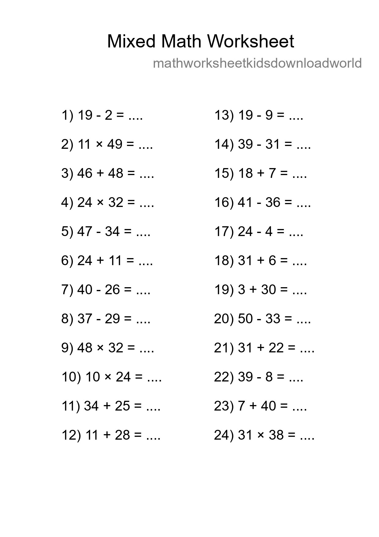 Mixed Operations Math Worksheet