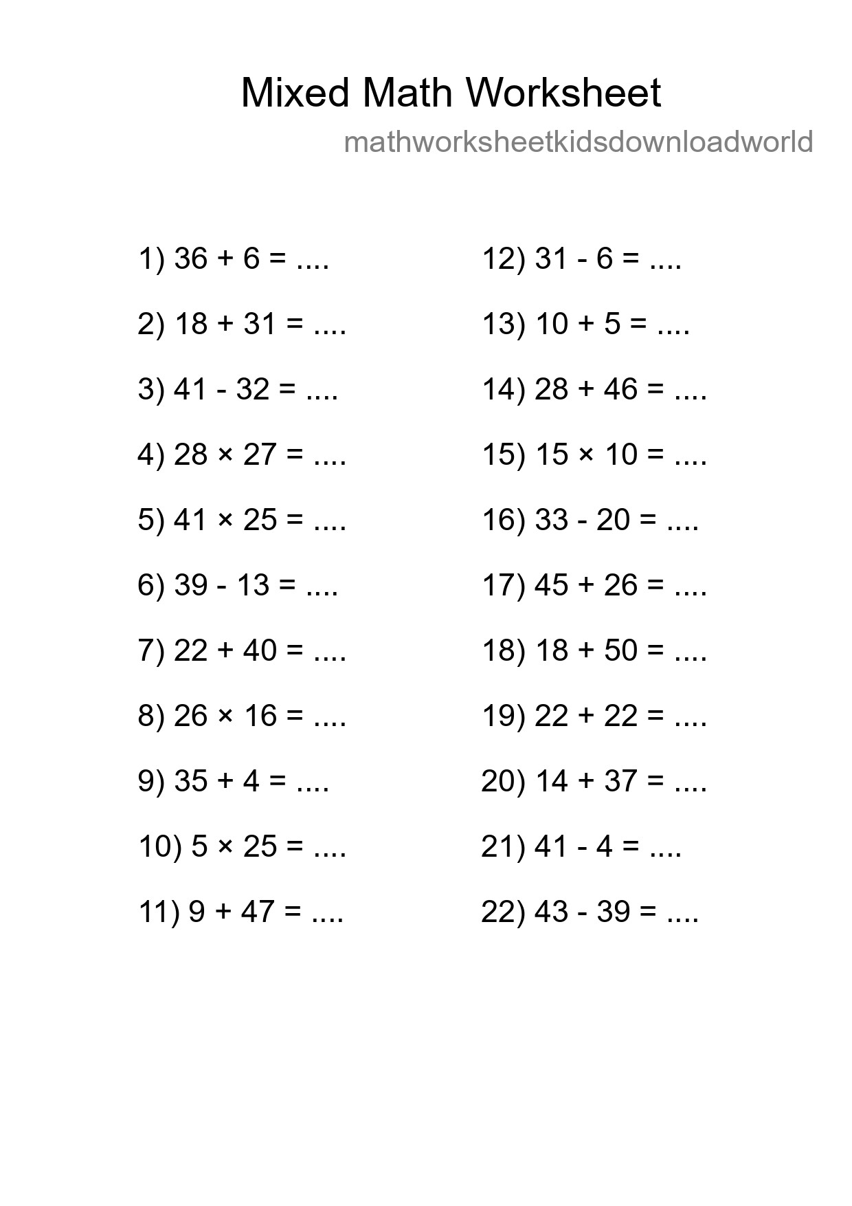 Mixed Operations Math Worksheet