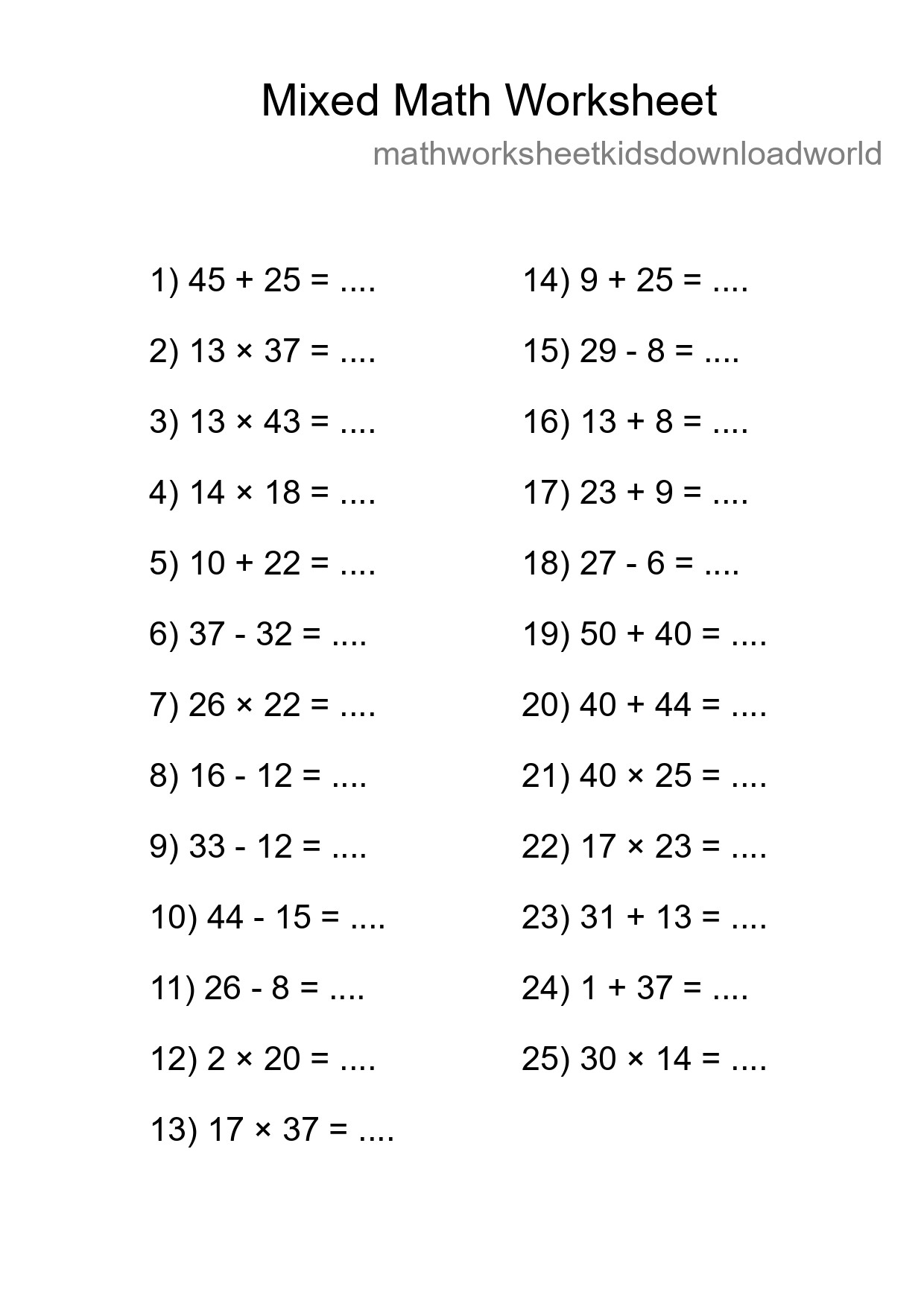 Mixed Operations Math Worksheet