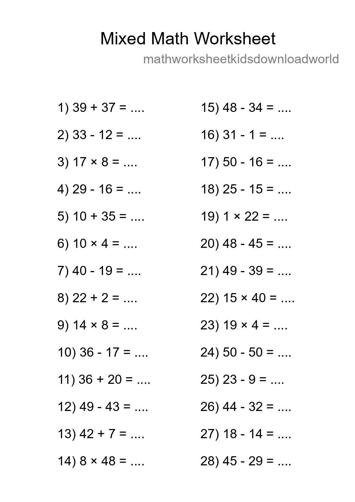 Mixed Operations Math Worksheet