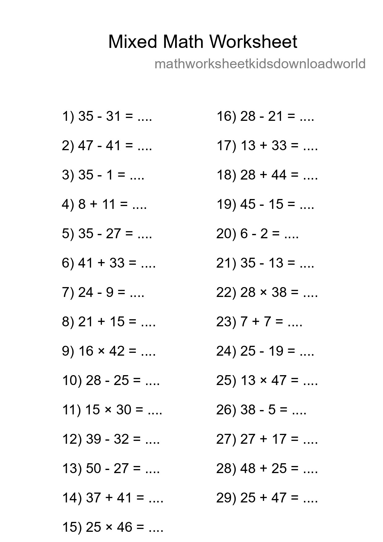 Mixed Operations Math Worksheet