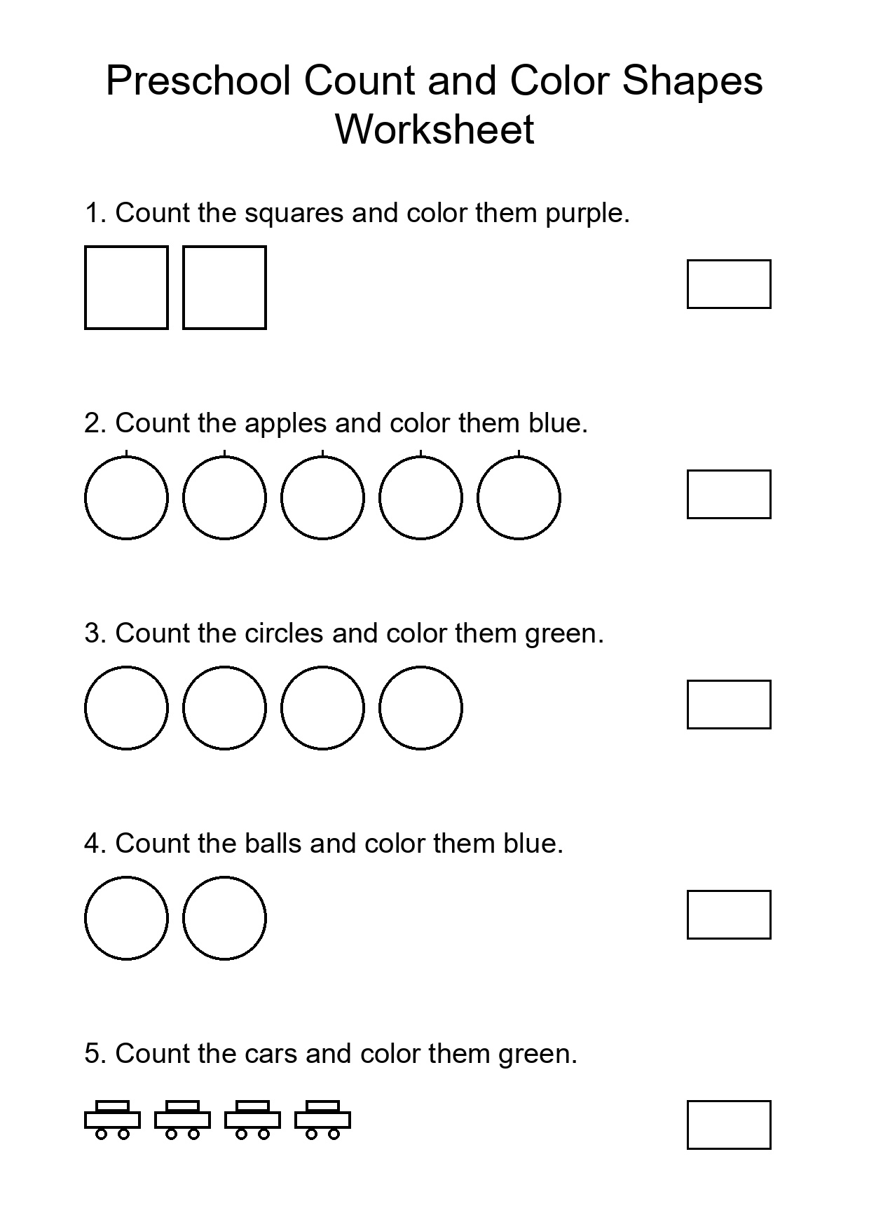 Preschool Count and Color Shapes Worksheet