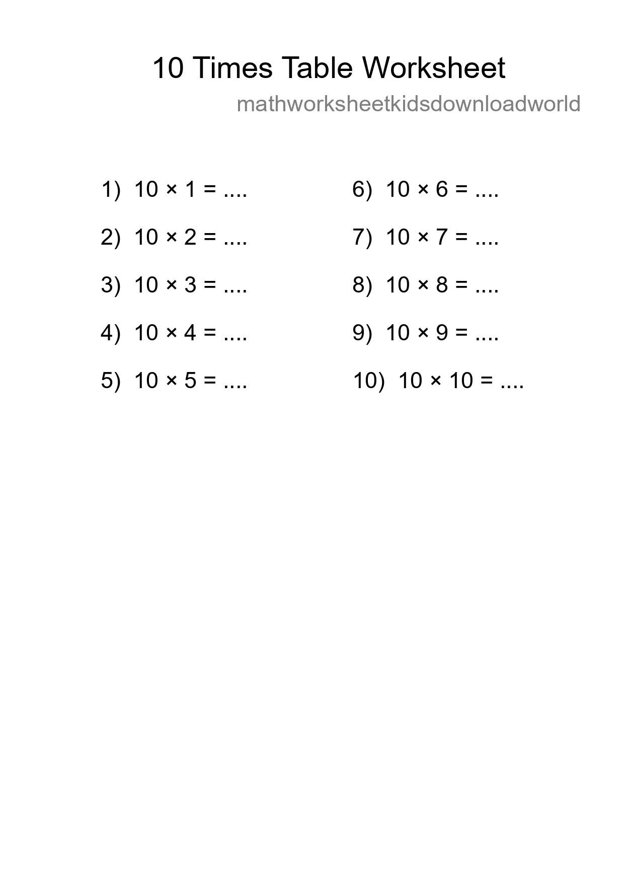 Printable 10 Times Table Worksheet For Grade 3 - Part 185