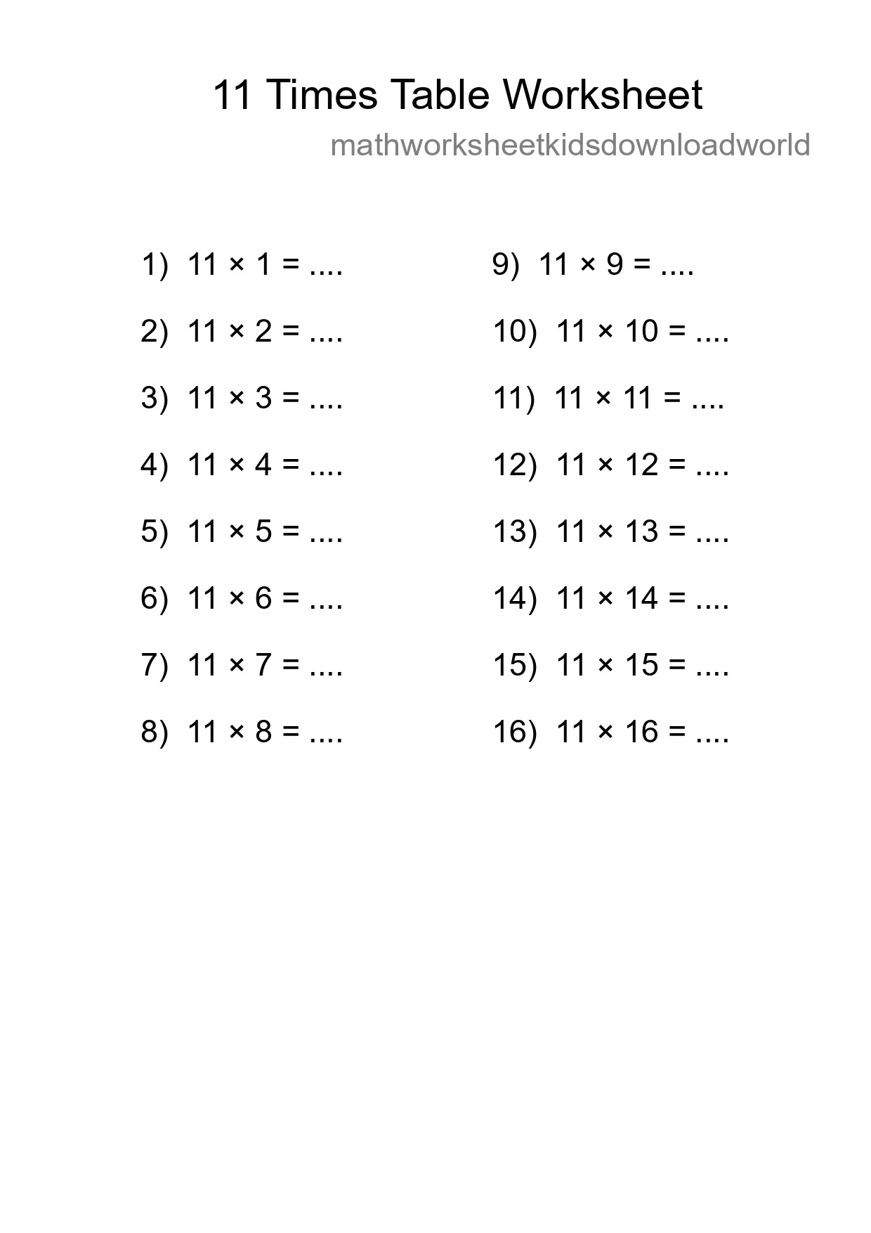 Printable 11 Times Table Worksheet For Grade 4 - Part 240