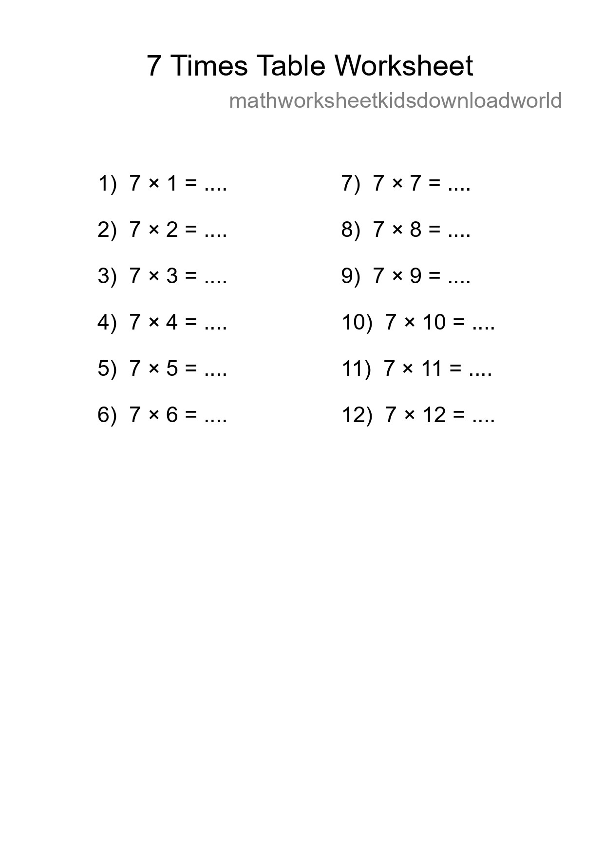 Printable 7 Times Table Worksheet For Grade 3 - Part 20
