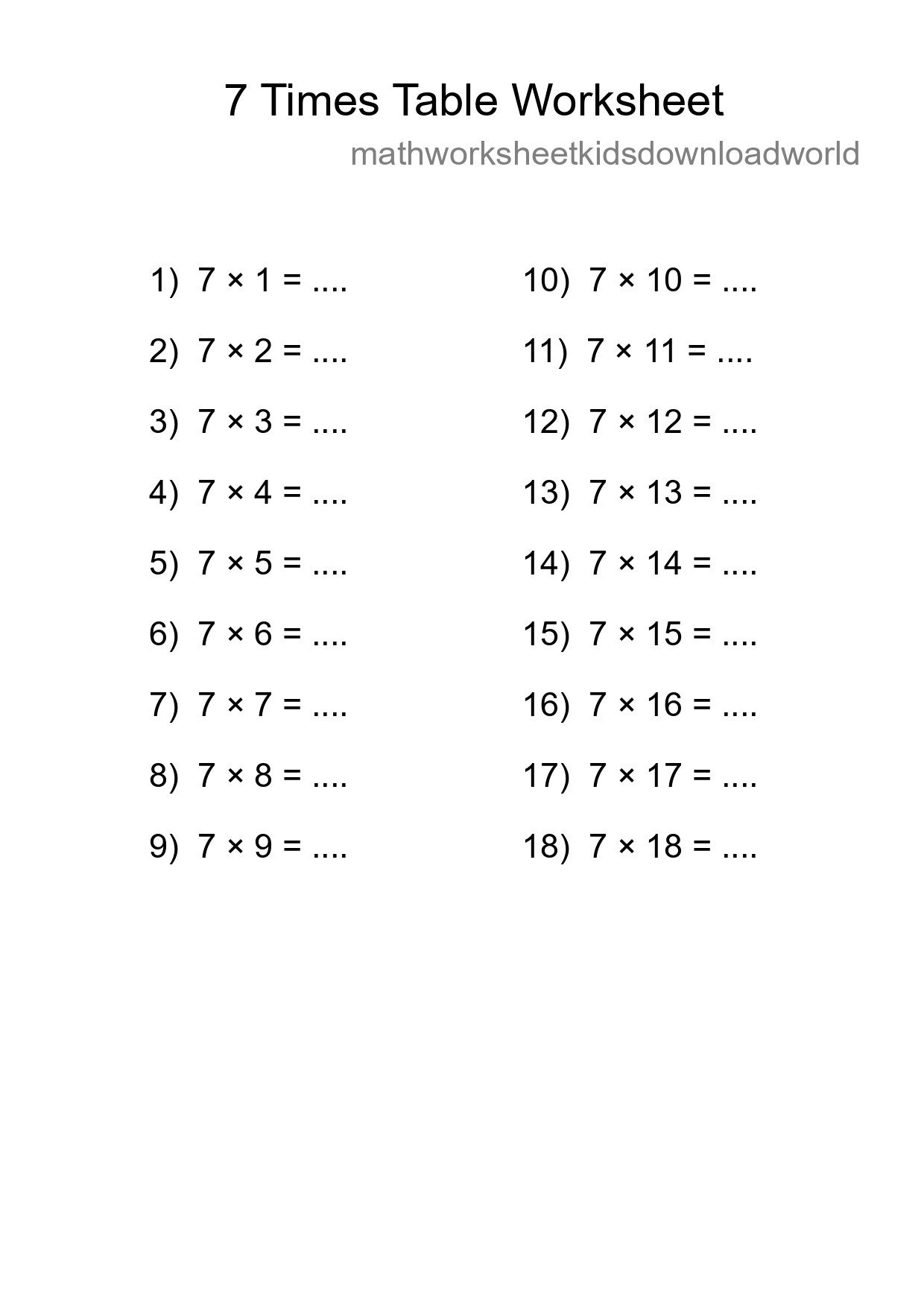 Printable 7 Times Table Worksheet For Grade 3 - Part 218