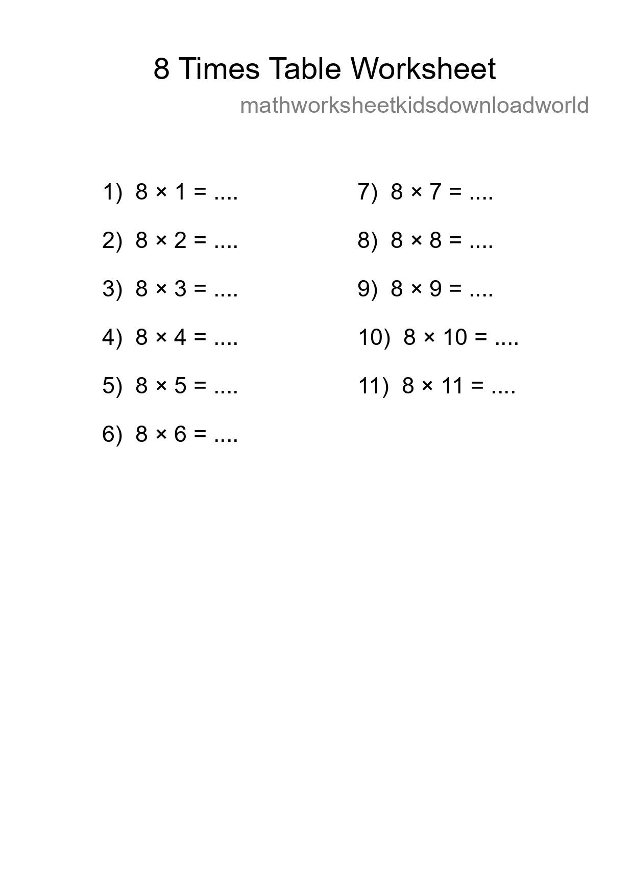 Printable 8 Times Table Worksheet For Grade 3 - Part 207