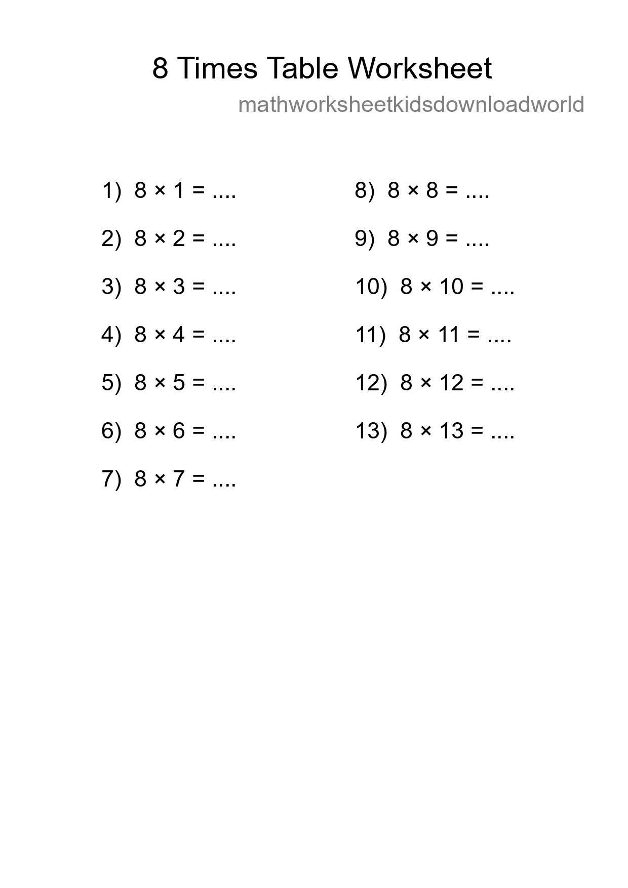 Printable 8 Times Table Worksheet For Grade 3 - Part 75