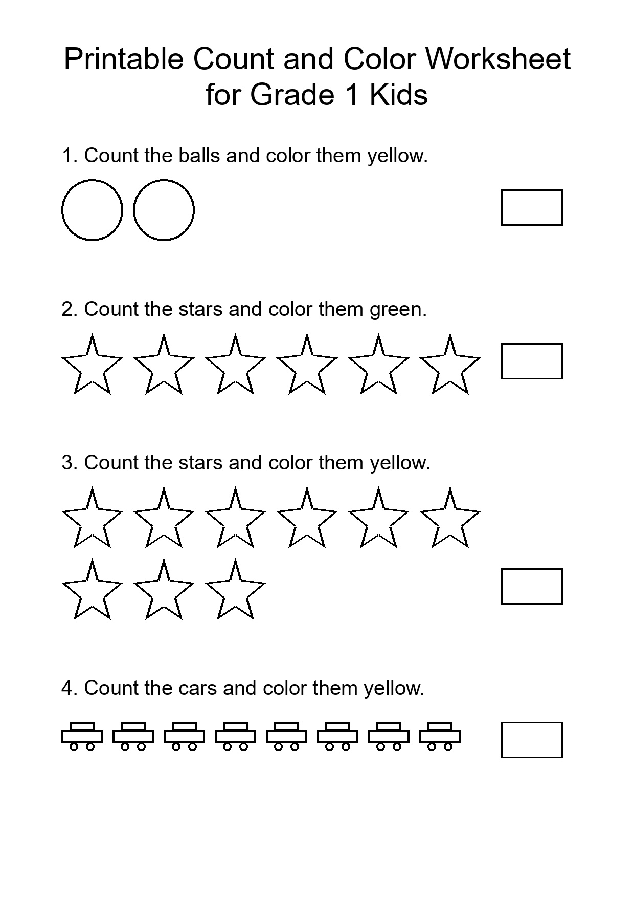 Printable Count and Color Worksheet for Grade 1 Kids