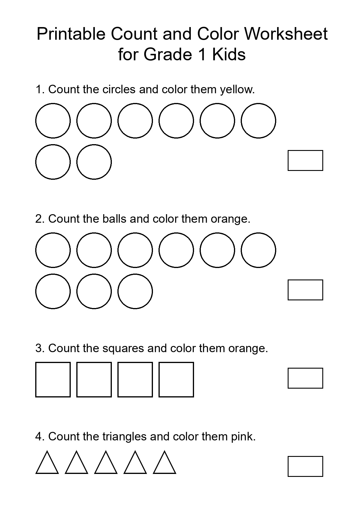 Printable Count and Color Worksheet for Grade 1 Kids