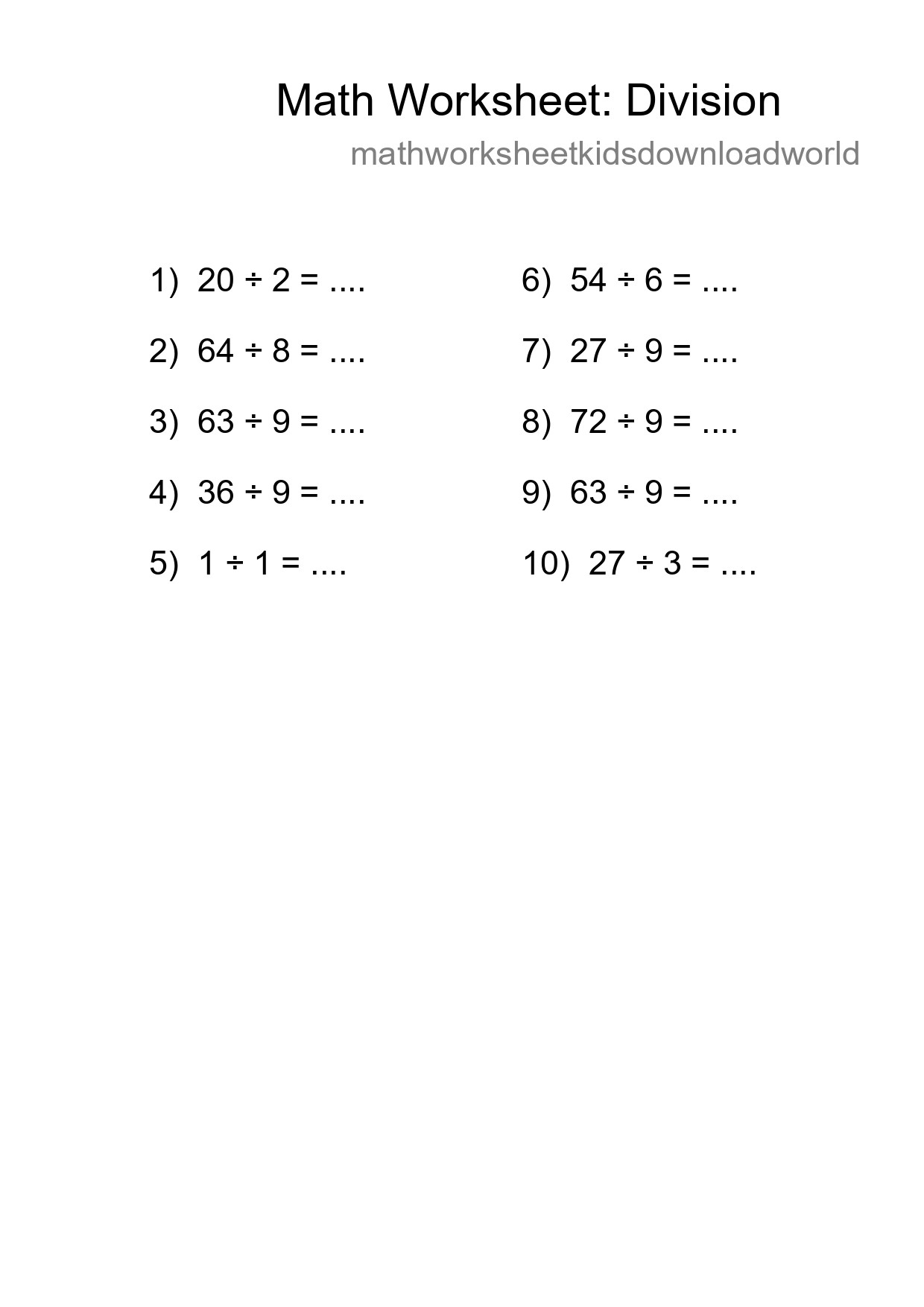 Printable Free 10 Division Math Worksheet For Grade 1 - Part 81