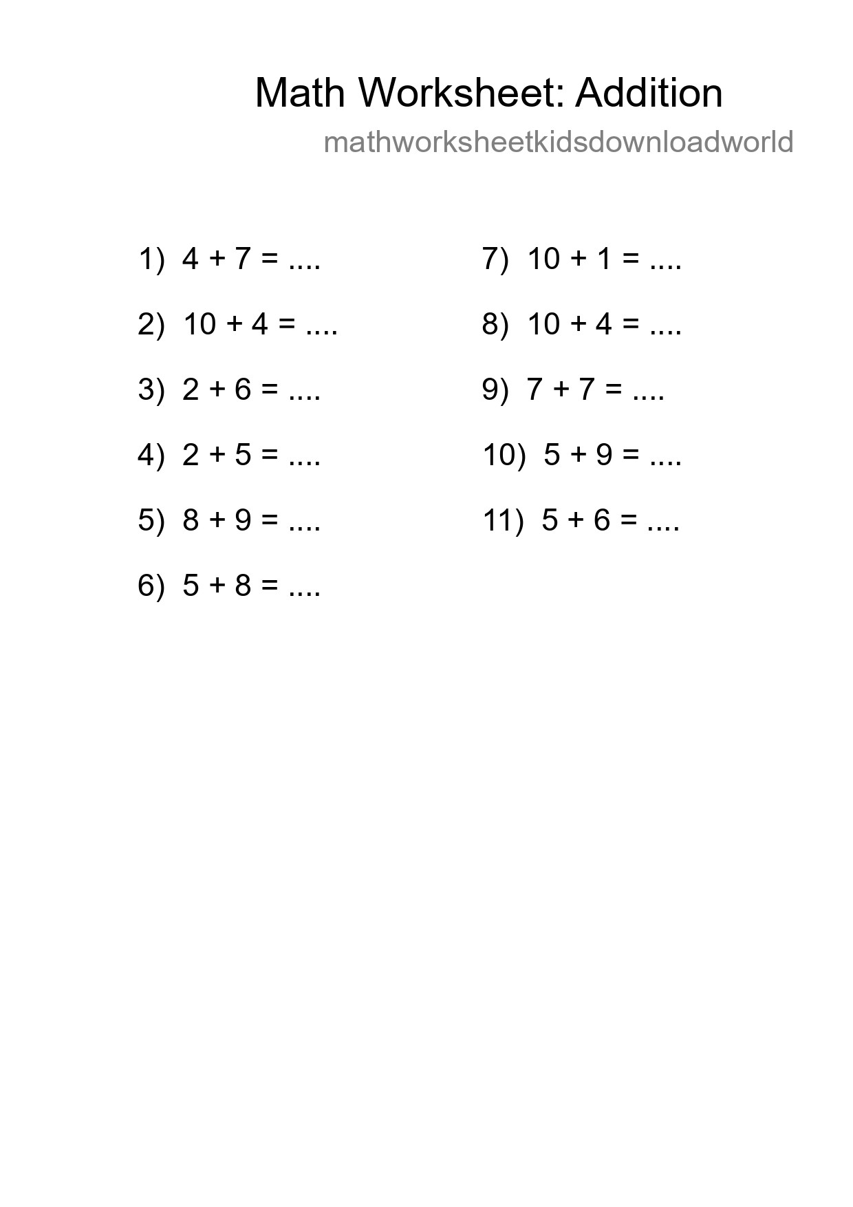 Printable Free 11 Addition Math Worksheet For Grade 1 - Part 232