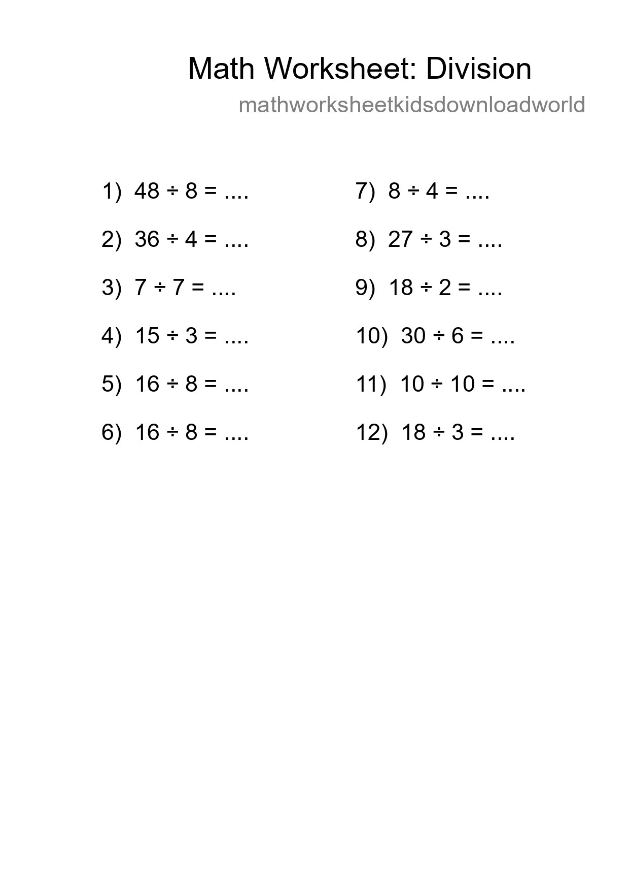 Printable Free 12 Division Math Worksheet For Grade 1 - Part 235
