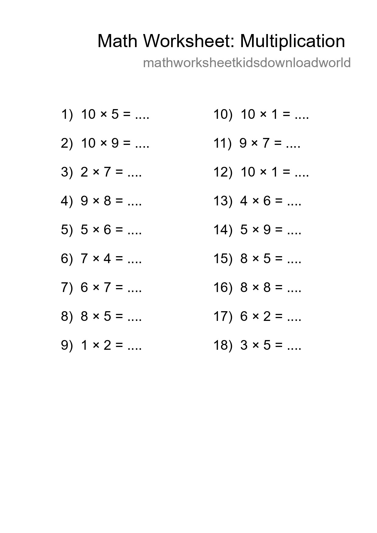 Printable Free 18 Multiplication Math Worksheet For Grade 1 - Part 238